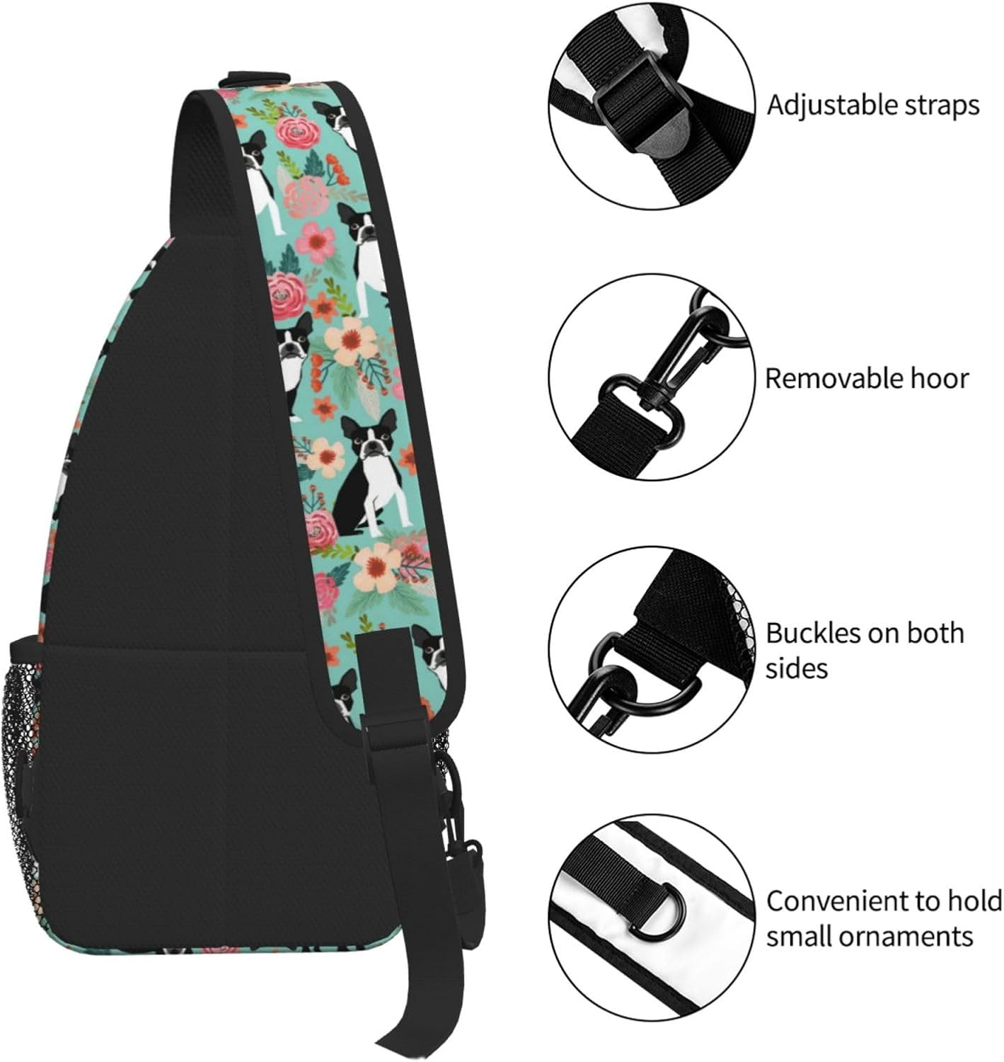 Cozimangoe Sling Bag for Woman and Man Reversible Shoulder Strap Crossbody Backpack Travel Hiking Biking Climbing Outdoors, Personalized Patterns, Boston Terrier with Flowers image number 2