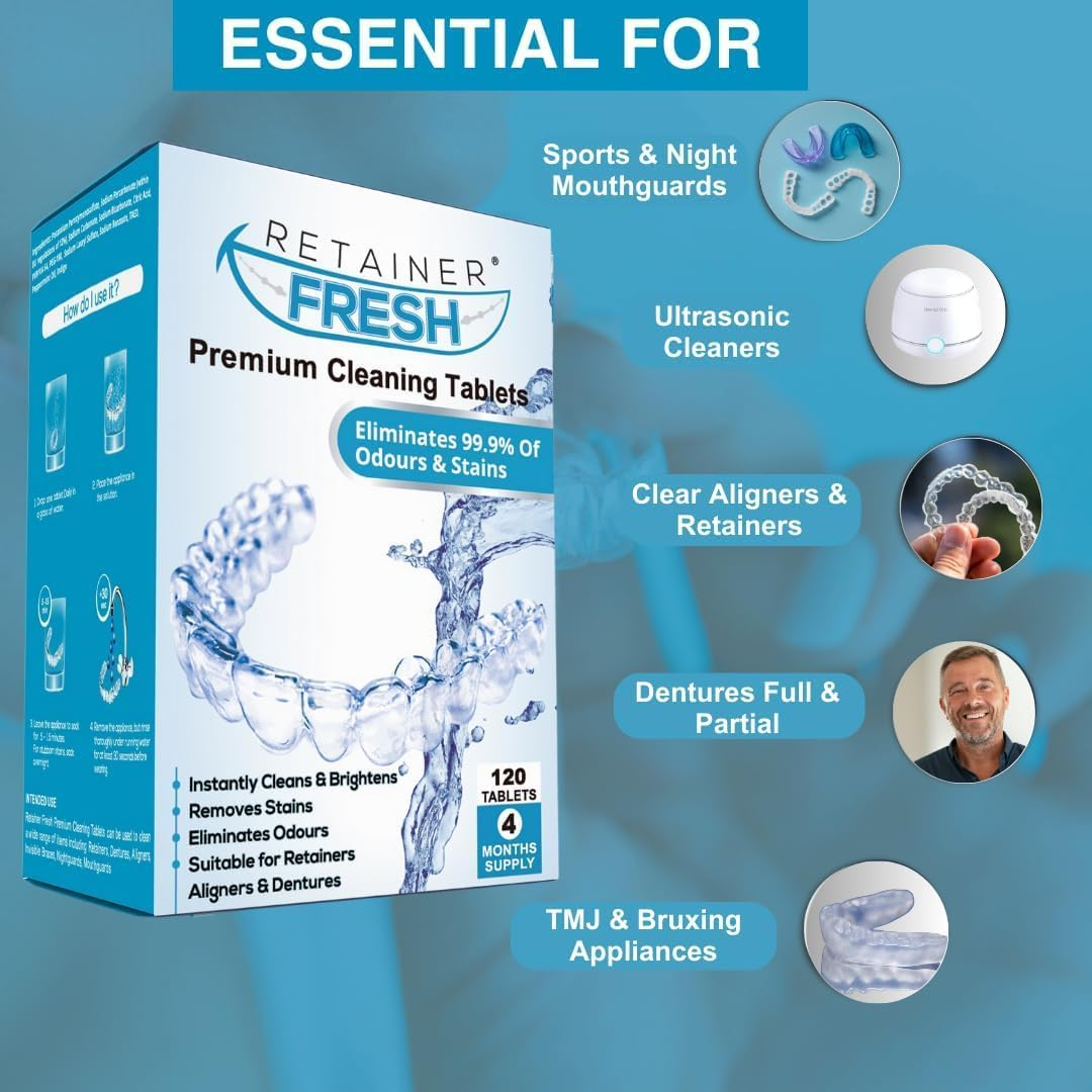 Retainer Cleaner Tablets - 120 Tablets 4 Month Retainer Fresh - Retainer Cleaning Tablets, Mouth Guard Cleaner, Denture Cleaner, Aligner Cleaner, Brite Retainer Tablets image number 1