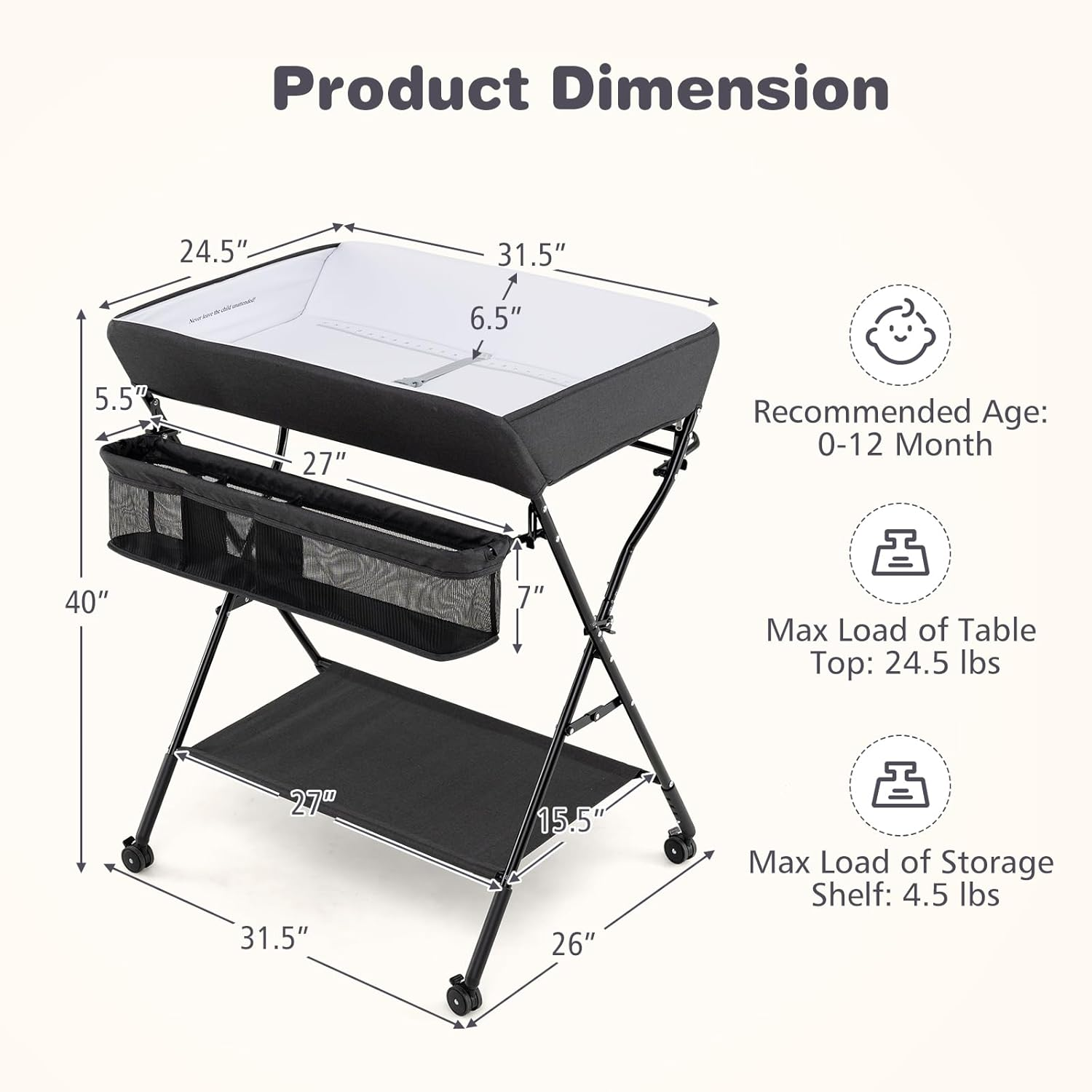 INFANS Baby Changing Table with Wheels, Portable Folding Diaper Station Nursery Organizer with Storage Basket, Hanging Rack, Adjustable Height, Safety Belt for Newborn Infant (Black) - Gray image number 7