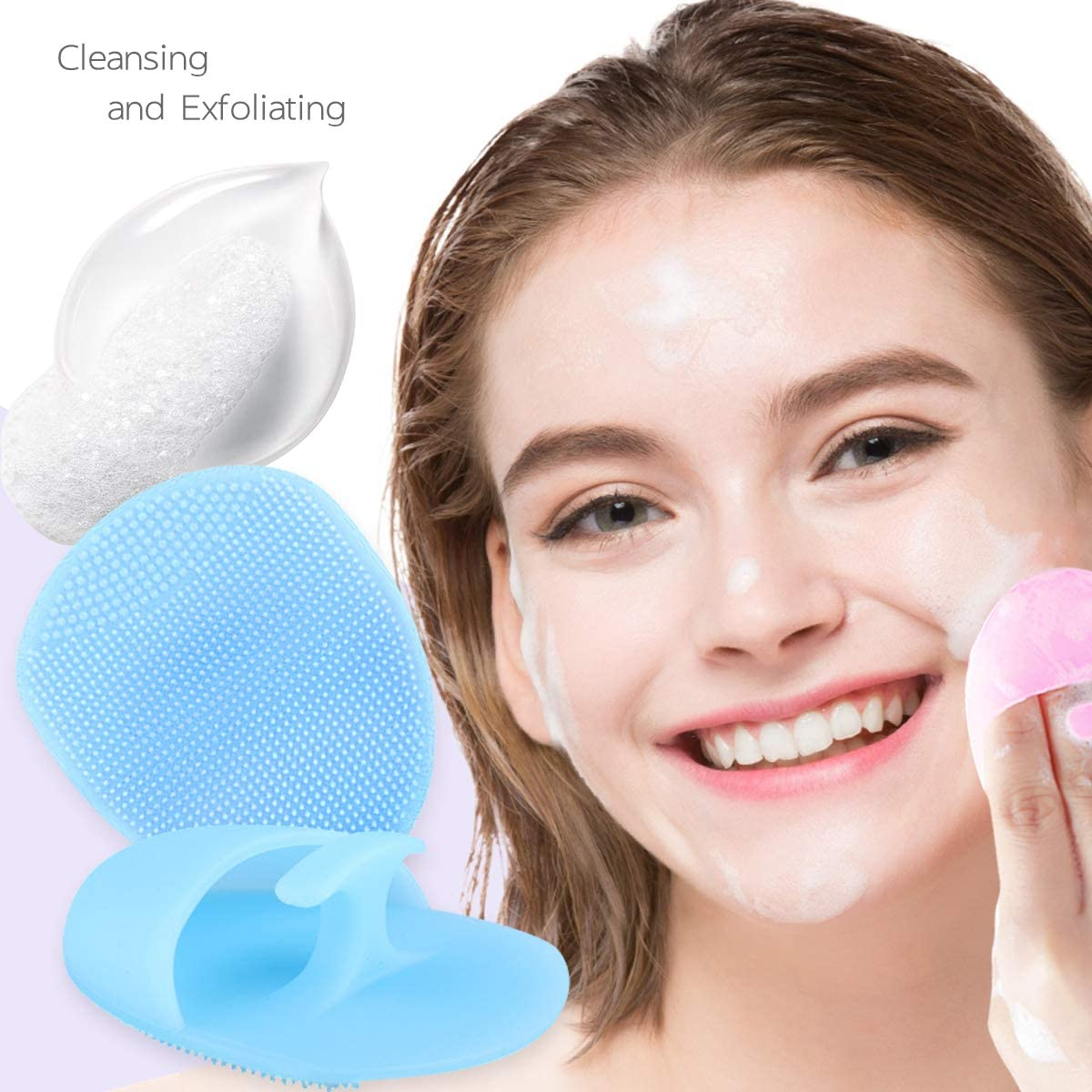 Facial Cleansing Brush Soft Silicone Face Scrubber Cleansing and Exfoliating for Sensitive Greasy Dry and All Kinds of Skin(Blue+Pink) image number 4