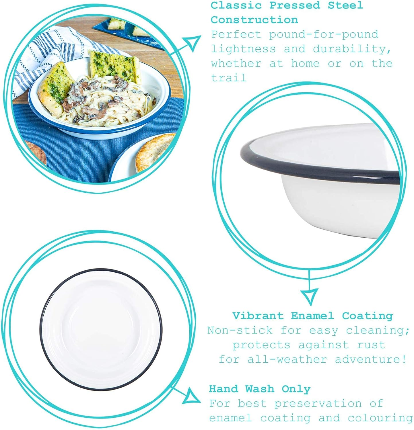 Argon Tableware White Deep Bowls - 19Cm - Pack of 6 - Blue Metal Enamel Cereal Lightweight Camping Serving Bowls for Snacks, Pasta, Cereal, Salad image number 4