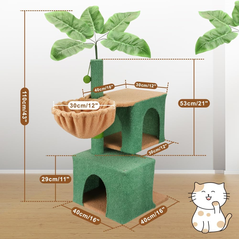 Vaka Pet 110Cm Cat Tree Tower, Multi-Level Cat Scratching Post with Hammock, Condo & Play Ball, Green Cat Furniture for Indoor Cats Activity and Rest