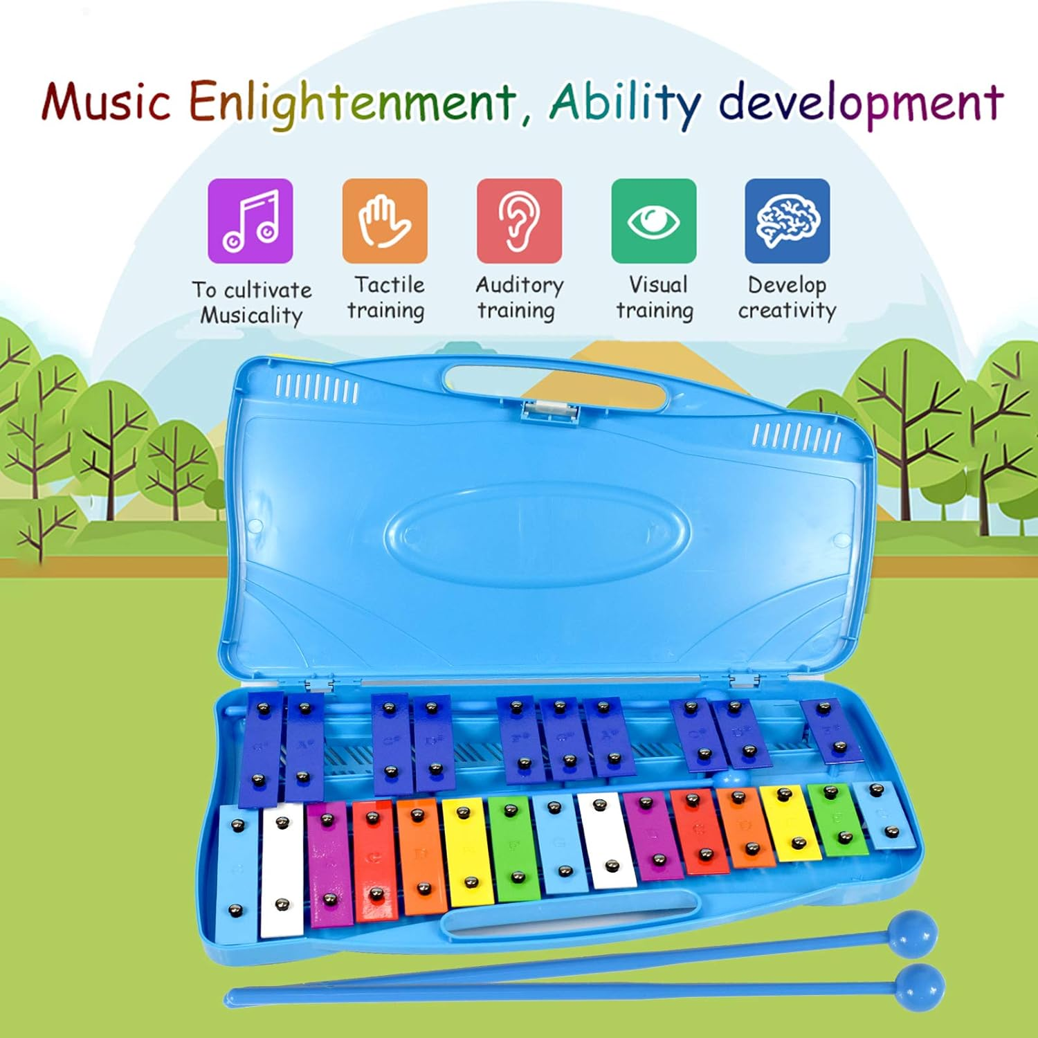 ENNBOM 25 Notes Vibraphone Xylophone Glockenspiel Black Blue Percussion Instrument with Case (Blue Case- Blue) image number 1