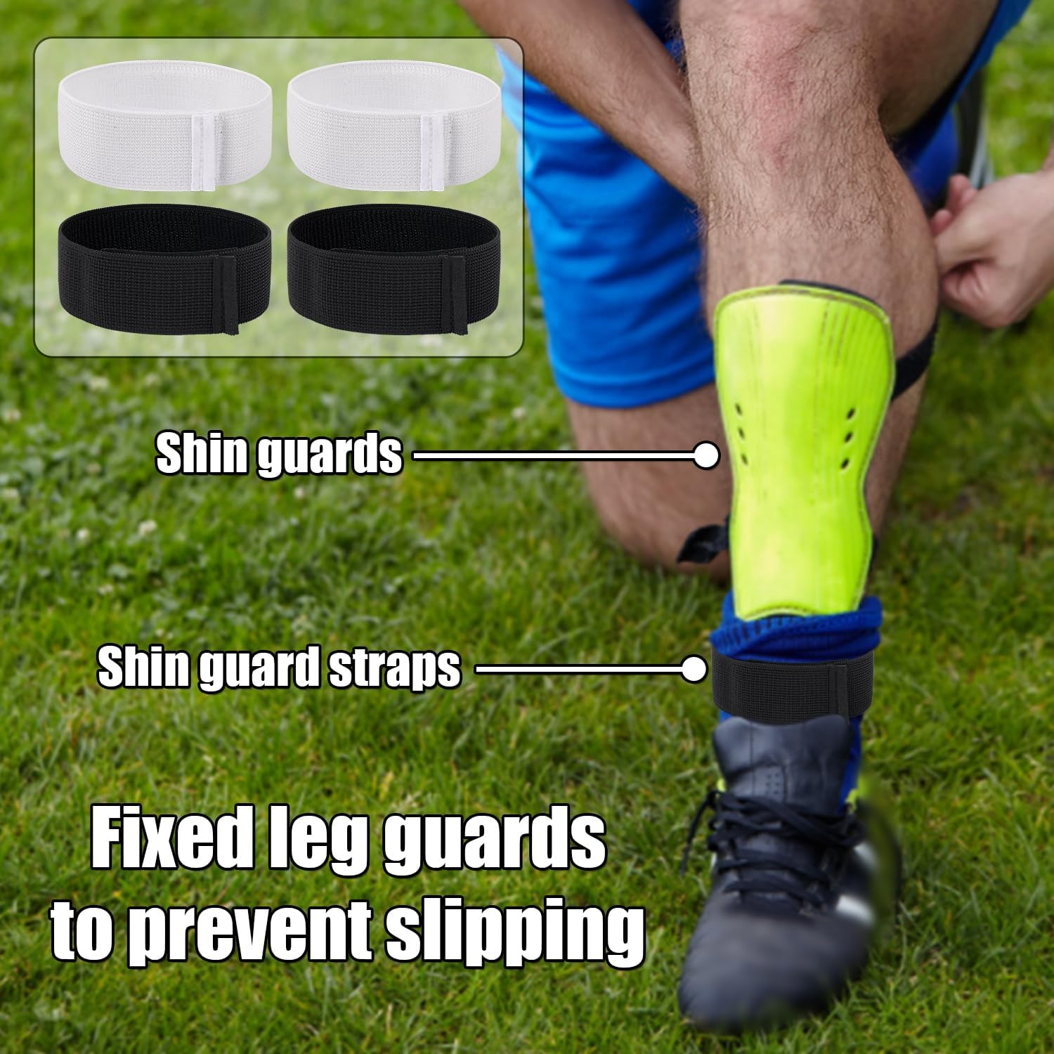 4Pcs Football Shin Guard Straps, Black White Soccer Shin Fixed Ankle Straps Polyester Yarn Elastic Football Shin Guard Holders for Kicking Ball Cycling Running