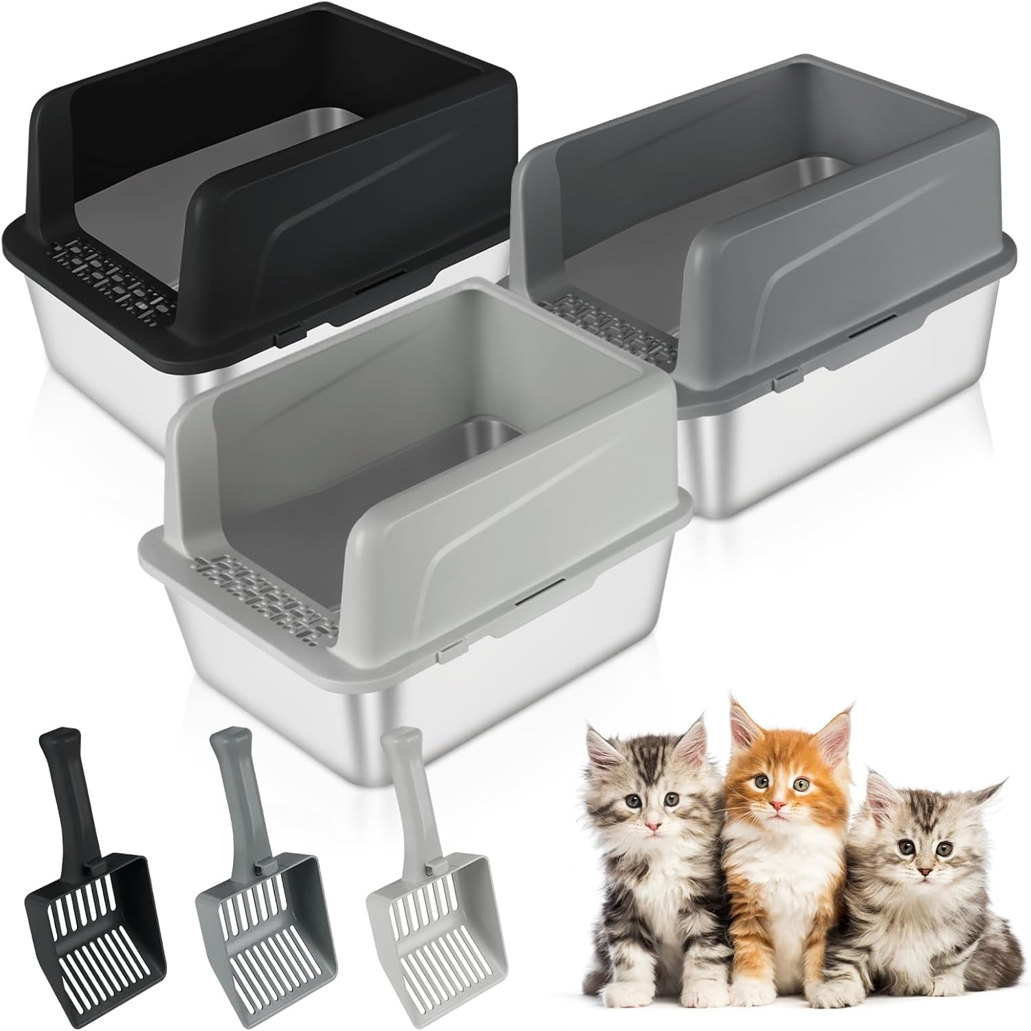 Bartuke 2 Pack Kitty Stainless Steel Litter Box, Large Rabbit Litter Box with Scoop, Small Animal Toilet for Kitten, Rabbit, Guinea Pigs, Hamster(Dark Grey & Light Grey)