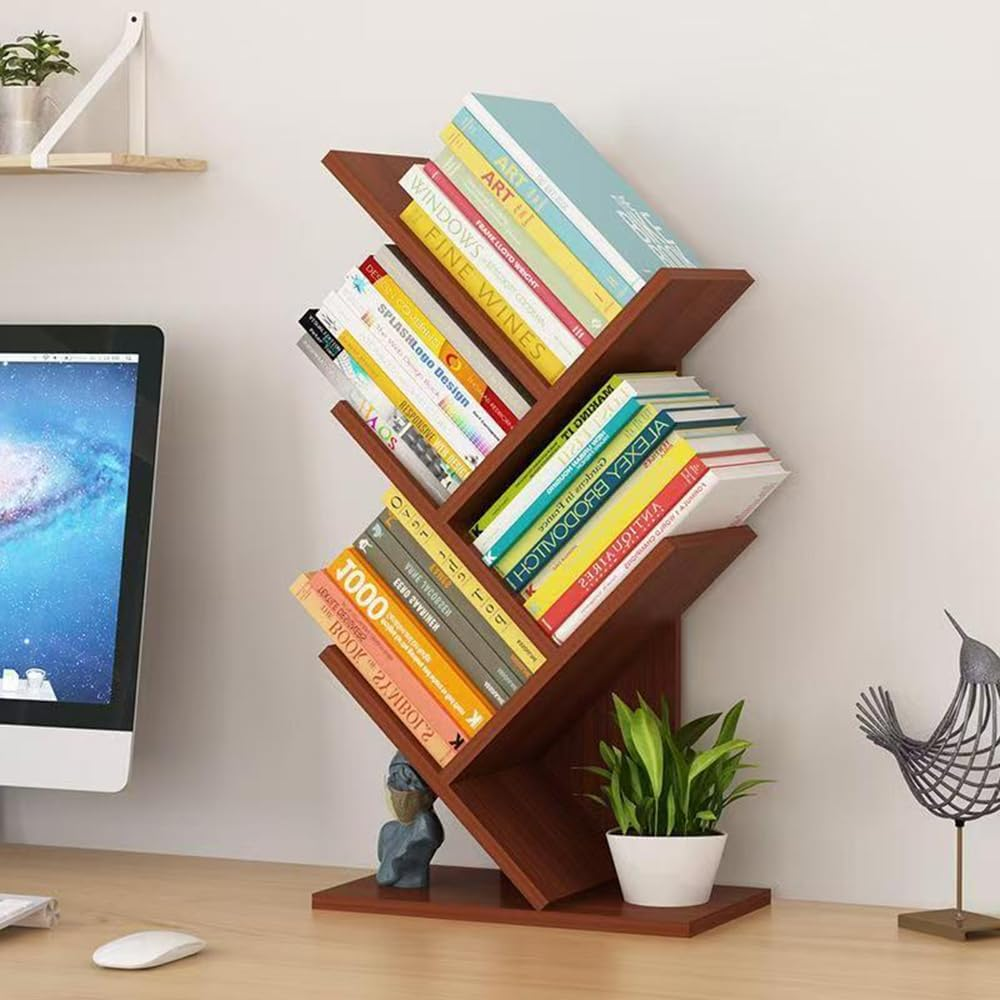 Hbluefat Tree Bookshelf, 5-Tier Wooden Desktop Small Bookshelf and Mini Bookcase for Office, Home or School Desk Book Shelf for Displaying Books, Cds, Magazines Wood Storage Rack (White) image number 1
