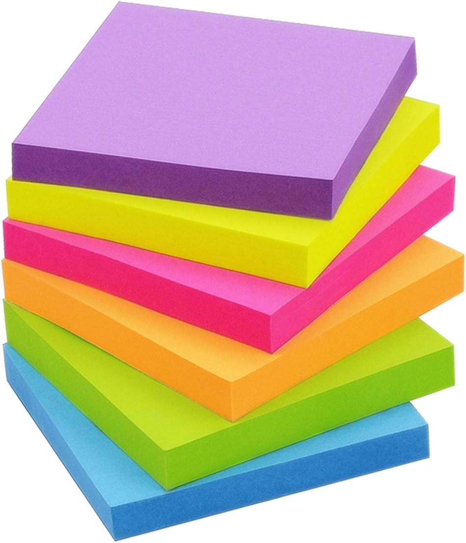 Sticky Notes 3X3 Inch Bright Colors Self-Stick Pads 6 Pads/Pack 100 Sheets/Pad Total 600 Sheets