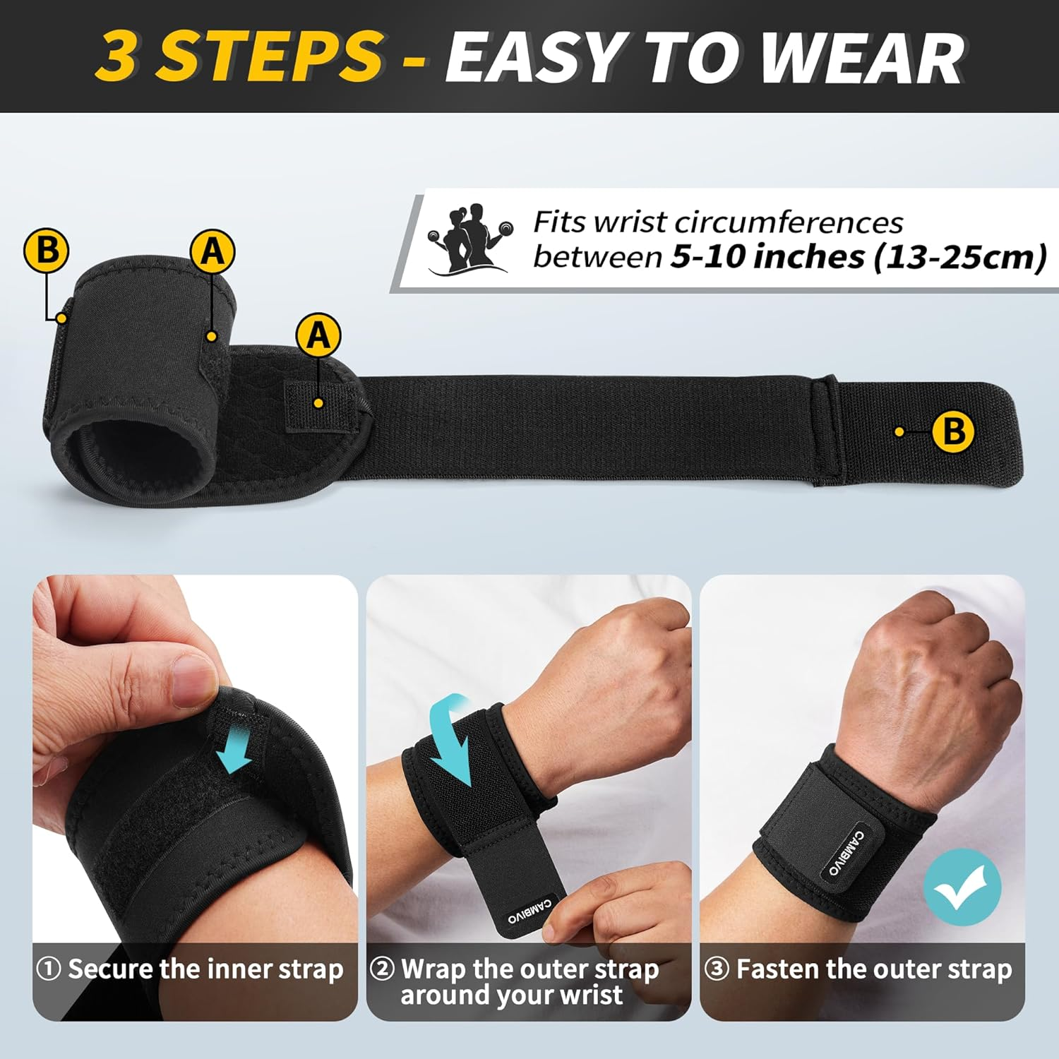 CAMBIVO Wrist Wraps for Men and Women 2 Pack, Adjustable Compression Wrist Brace for Carpal Tunnel, Wrist Support, Pain Relief, Lifting Straps Wrist Bands for Fitness, Weightlifting, Gym Workout image number 1