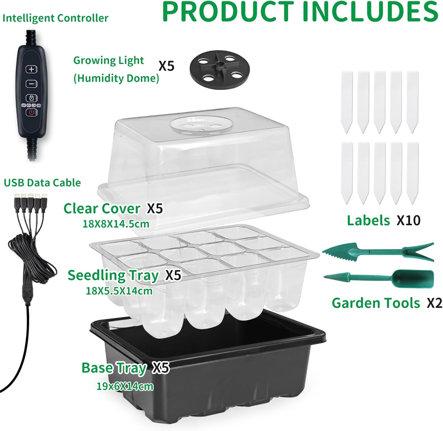 Seed Starter Tray with Grow Light, 5 Pack 60 Cells Seed Starter Kit with Humidity Dome and Base, Plant Seedling Trays Indoor Greenhouse Gardening