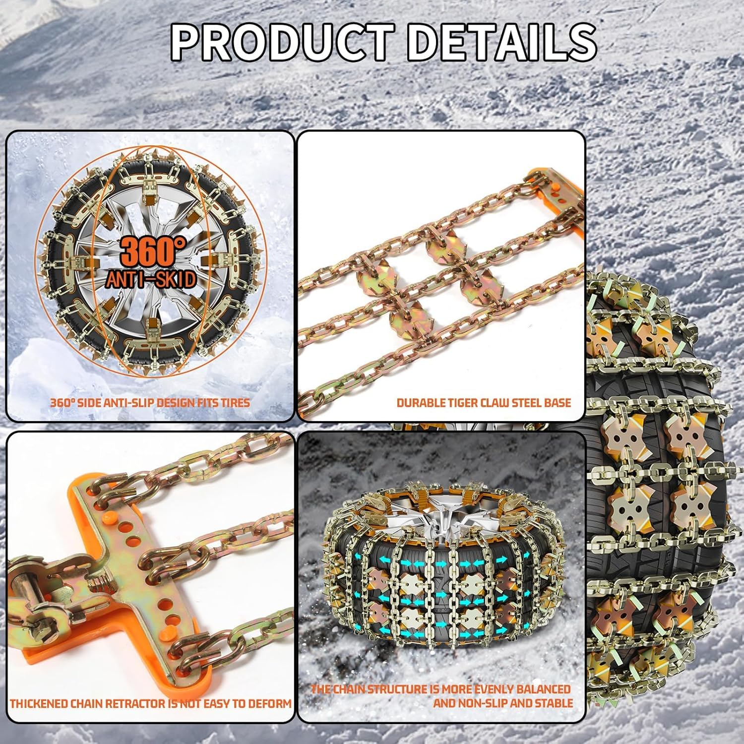 Heavy Duty 8-Pack Snow Chains ，Universal Fit for Cars, 4Wds & Suvs ，Tyre Width 175-265Mm (6.8-10.4 Inch) image number 6