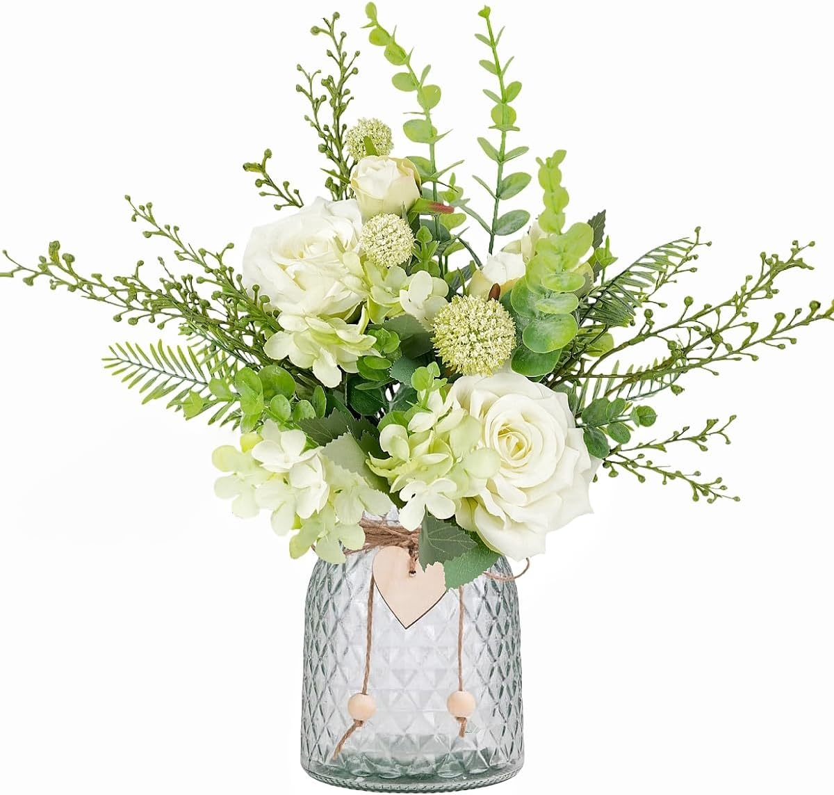 Artificial Flowers with Glass Vase Fake Flower Bouquet Faux Rose in Vases for Home Dcor Flowers Modern Home Decor Table Decorative Flower Vase for Dinner Office Bedroom, White