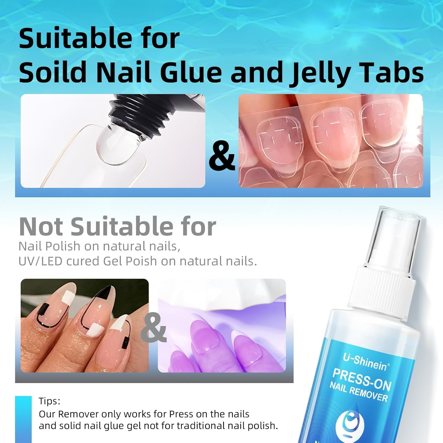 U-Shinein 60ML Nail Glue Remover Spray with Solid Nail Glue Gel for Press on Nails, Easy Remove Solid Nail Glue Gel on Fake Nail Tips, Not for Gel-Base Glue or Gel Nail Polish image number 6