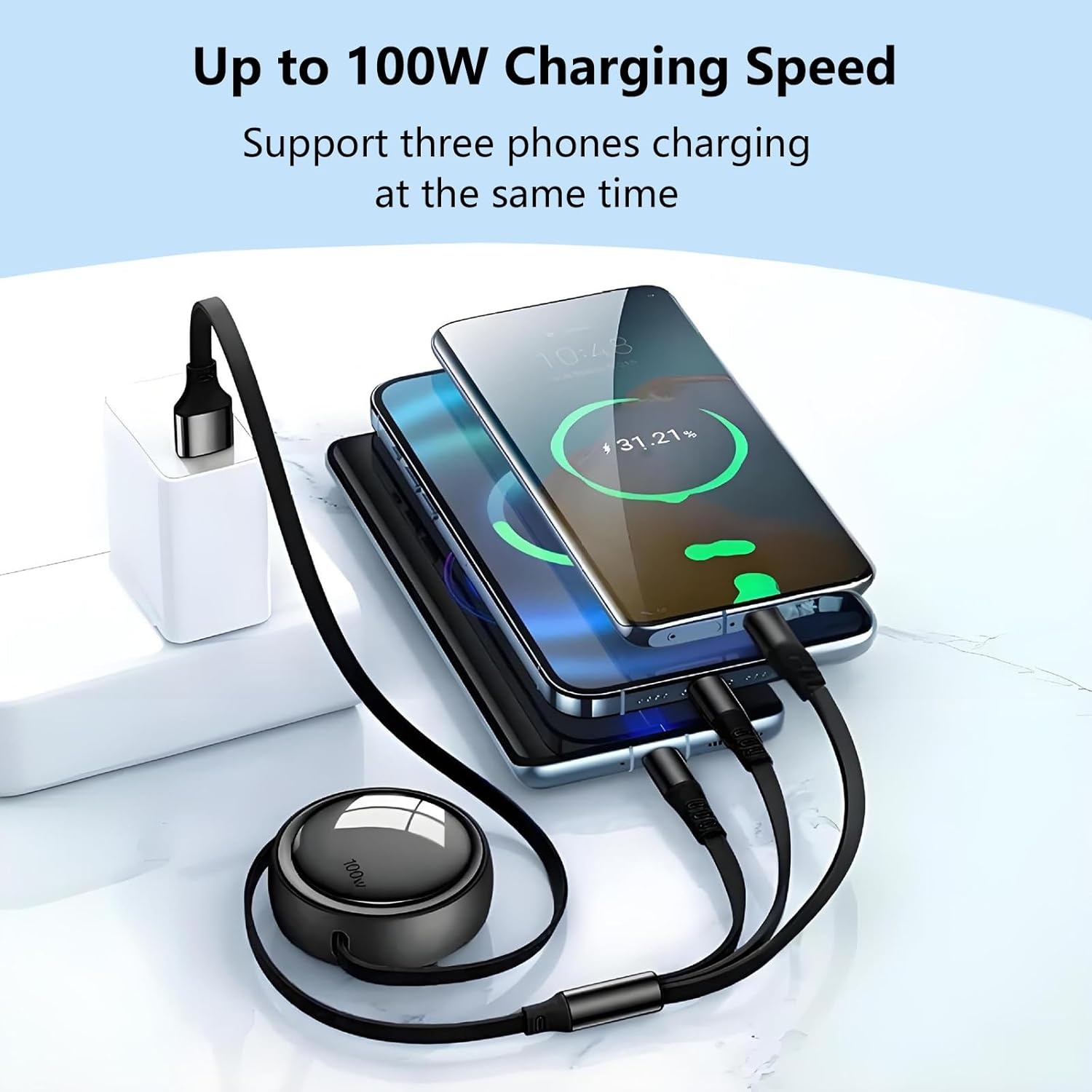 AMITOME 100W Retractable Multi 5 in 1 Fast Charging Cable,Usb A/USB C Cord with IP Port/Usb C/Micro USB Mfi Certified Charging Cord Compatible with Iphone 17 16 15 14 13 plus Pro Max Macbook-White - Black image number 3