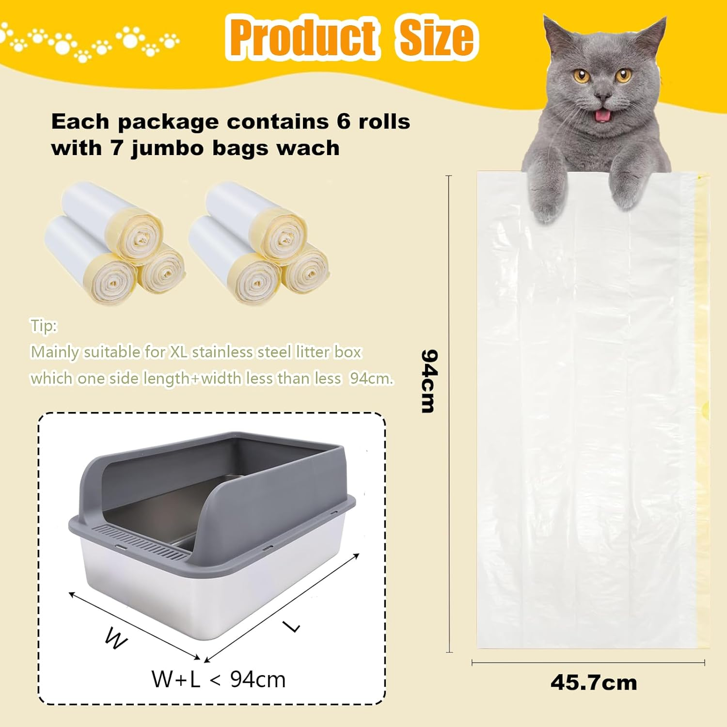 42 Count Extra Thick Jumbo Drawstring Cat Litter Box Liners 94 * 45.7Cm, Large Cat Litter Bags for Stainless Steel Sifting Litter Box and Automatic Cat Litter Box, Extra Thick Drawstring Litter Liner