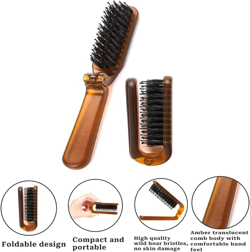 Folding Travel Hair Brush with Boar Bristles, Compact Pocket Size for All Genders and Ages, Suitable for Various Hair Types (Thin, Thick, Curly, Straight, Wet, Dry), Portable Amber Comb (Amber) image number 5