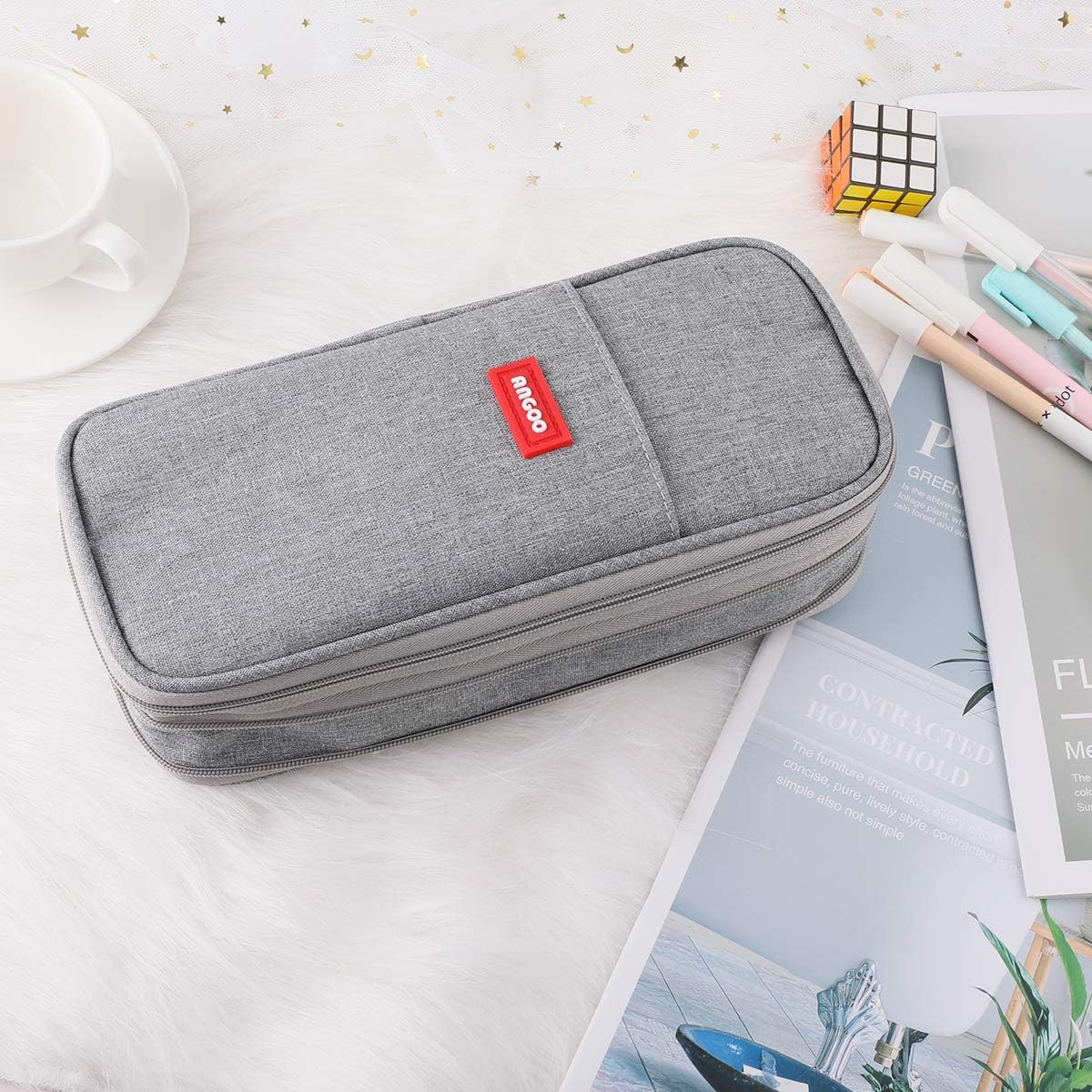 Isuperb Pencil Case Large Capacity Student Canvas Pencil Case Storage Bag Double Zipper Pencil Box for School, Light Grey, Modern image number 3
