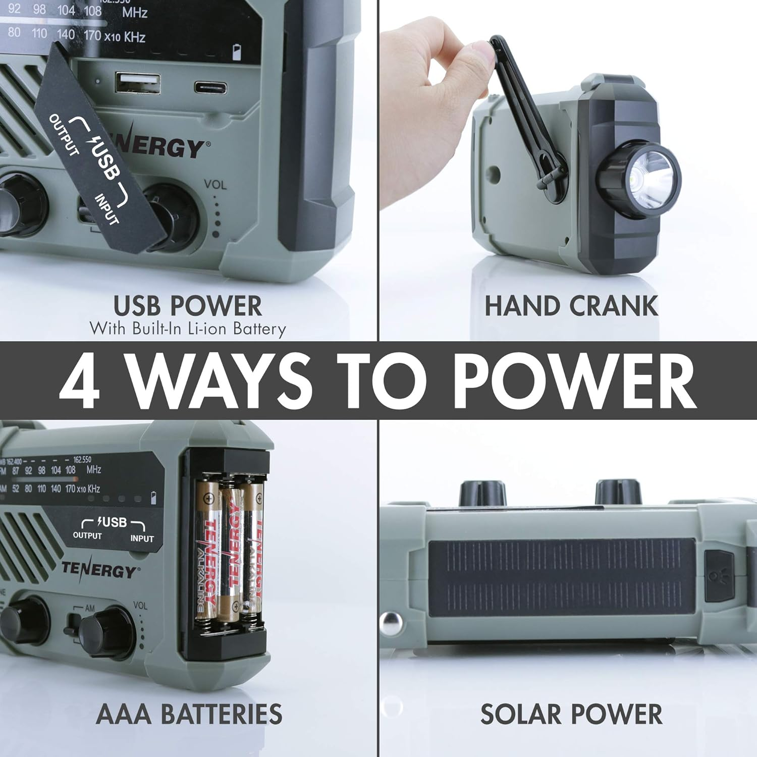 Tenergy Multifunctional Hand Crank Emergency Radio, Battery Powered Radio with LED Flashlights, SOS Alarm, Cell Phone Charger, AM/FM/NOAA Radio Frequencies, Ideal for Emergencies image number 3