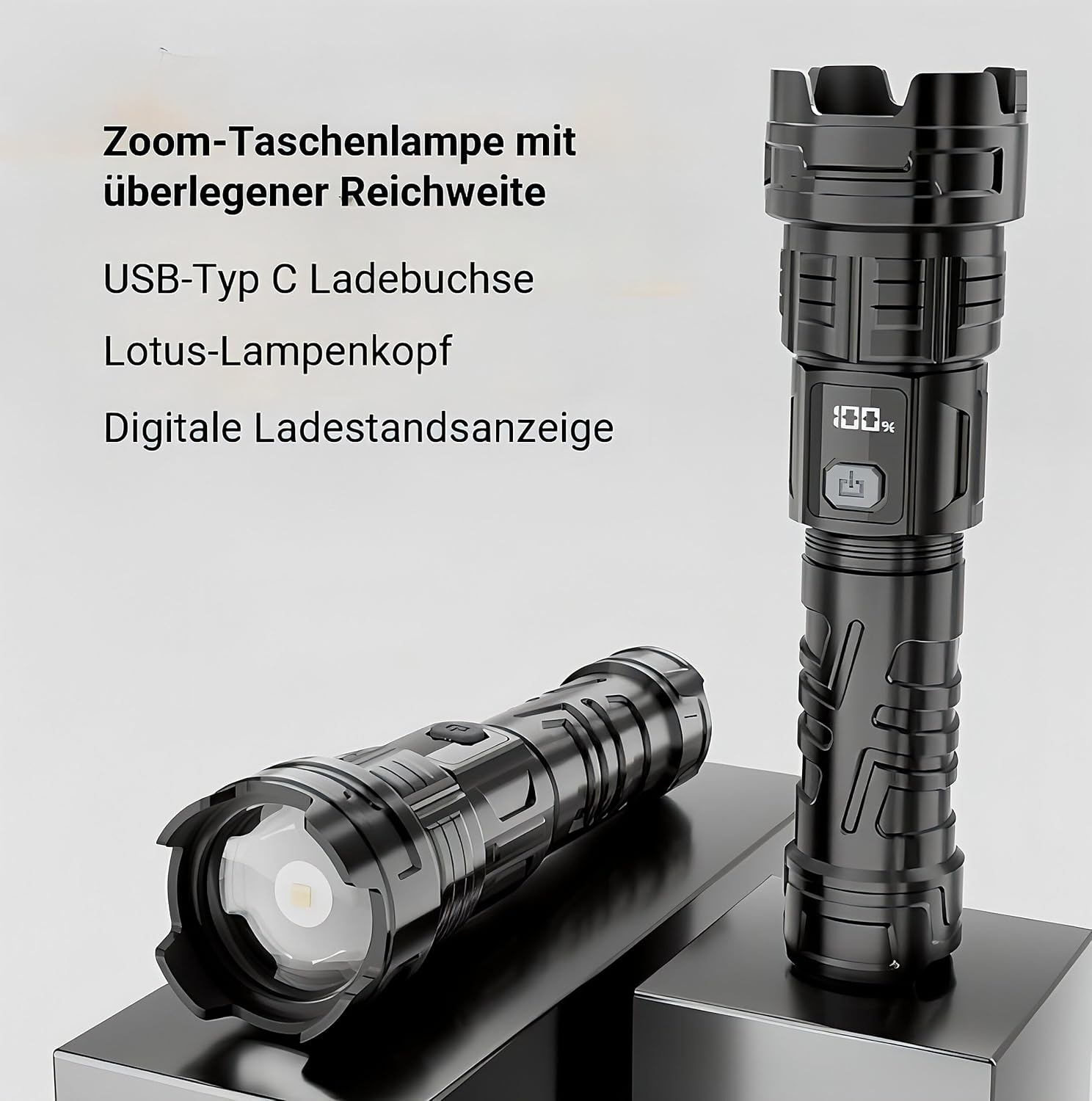 Tip: Pack of 2 LED Torch Extremely Bright with Zoom - IP65 Waterproof, Built-In 18650 Battery, ABS Plastic, USB-C Rechargeable, Robust, Shockproof, for Outdoor, Camping & Emergencies image number 5