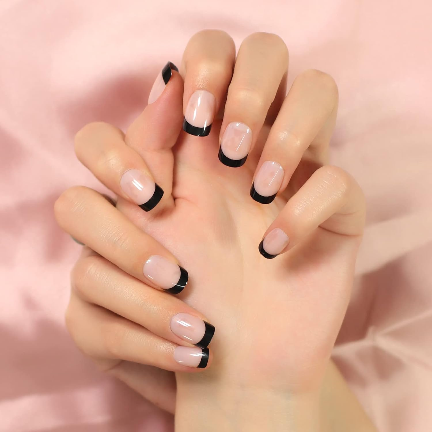 Black Tip Classy Finish Polish Press on Nails Medium-Short French Square Gel Acrylic Manicure DIY Reusable False Nails 24Pcs - Silver image number 5