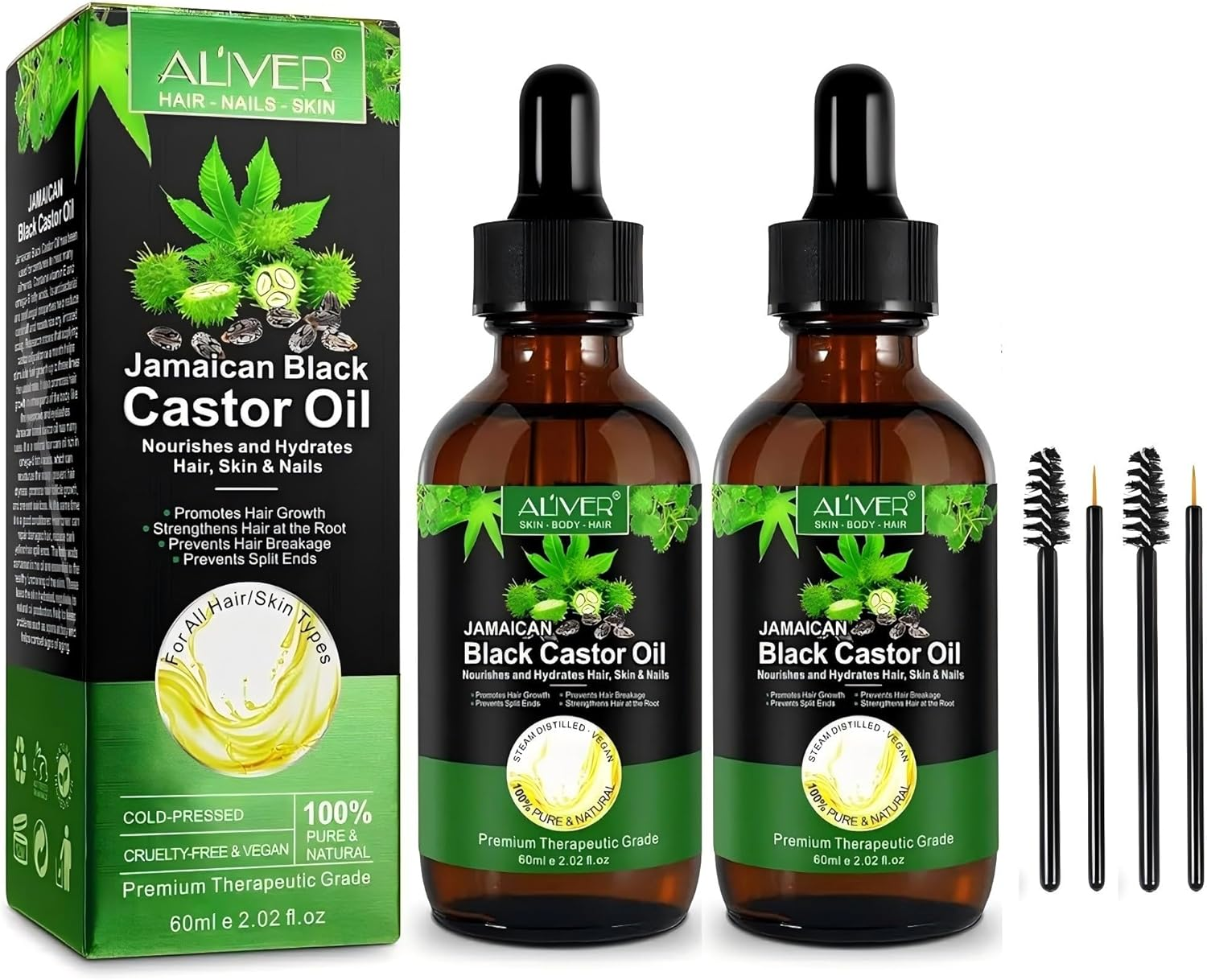 2PACK Jamaican Black Castor Oil, Pure Cold Pressed Castor Oil for Eyebrows, Eyelashes, Hair Growth, Nails, and Skin with 2PACK Set of Eyebrow & Eyeliner Brushes 120Ml image number 6