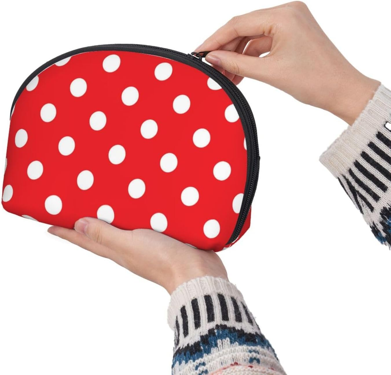 Cozimangoe Coin Pouch Makeup Bags Set, 2 Piece Shell Shape Cosmetic Bag with Pockets for Daily Travel Handbag Lipstick Keys Toiletry, Personalized Print White Polka Dots on Red