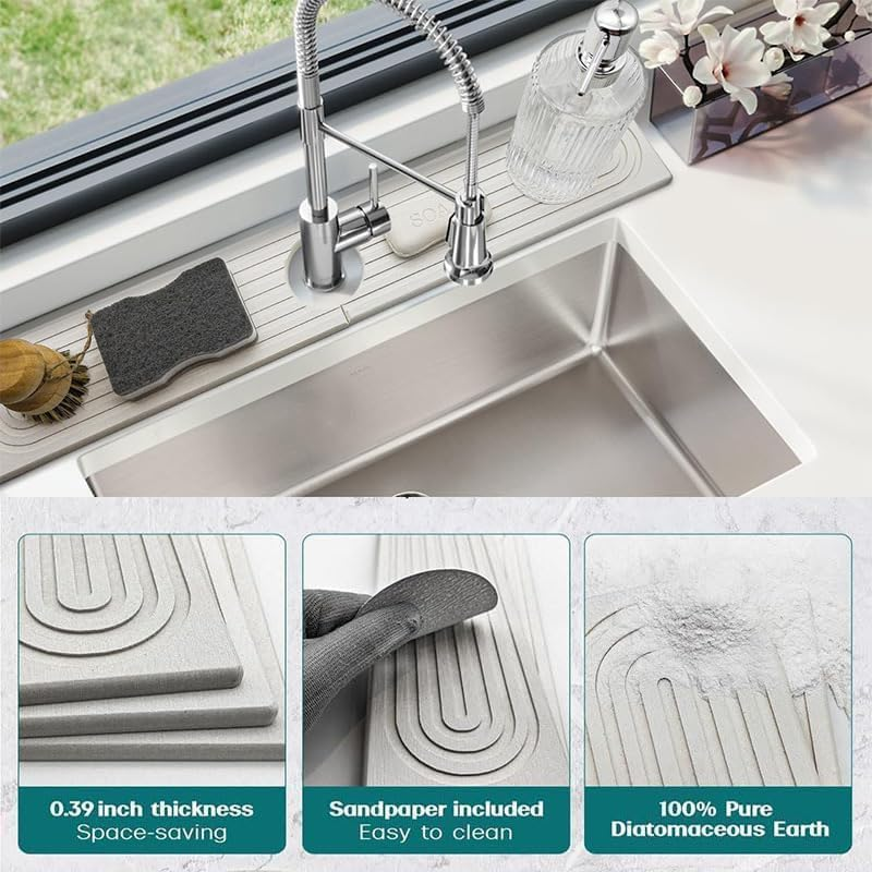 WADY Faucet Mat for Kitchen Sink, Kitchen Faucet Absorbent Mat - 23.6'' Long Diatomaceous Earth Splash Guard for Sink Faucet, Aesthetic Water Absorbing Stone Tray in the Modern Home (Dark Grey) image number 1