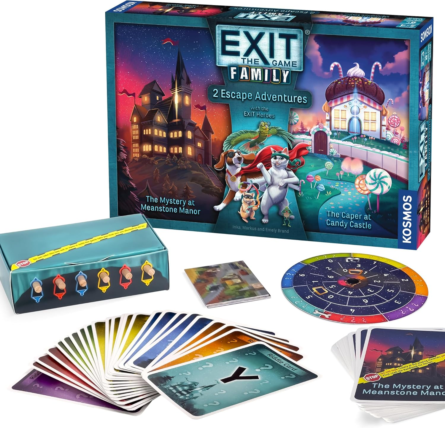 THAMES & KOSMOS | Exit the Game: Family Heroes - 2 Escape Adventures (2-In-1 Bundle) | the Mystery at Meanstone Manor and the Caper at Candy Castle | 2-4 Players, Ages 8+