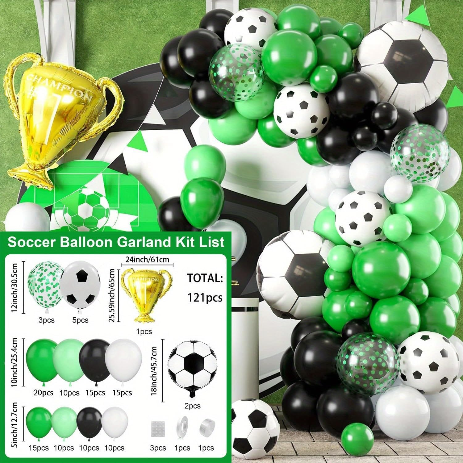 Soccer Balloon Arch Garland Kit 121 Pcs, Green Black White Confetti Balloons Decorations with Soccer Champion Cup Foil Balloons for Men Teen Kids Soccer Football Theme Birthday Party Decor Supplies
