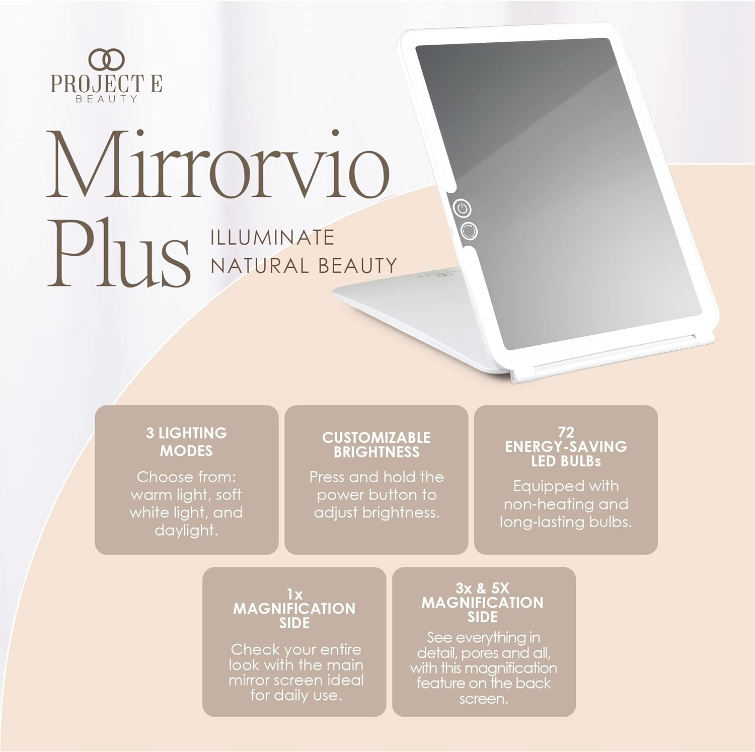 Project E Beauty Mirrorvio plus LED Travel Mirror Lighted Makeup Mirror with 1X 3X 5X Magnification | Rechargeable Vanity Mirror for Desk | 3 Lighting Modes | (1X 3X 5X Magnification) image number 5