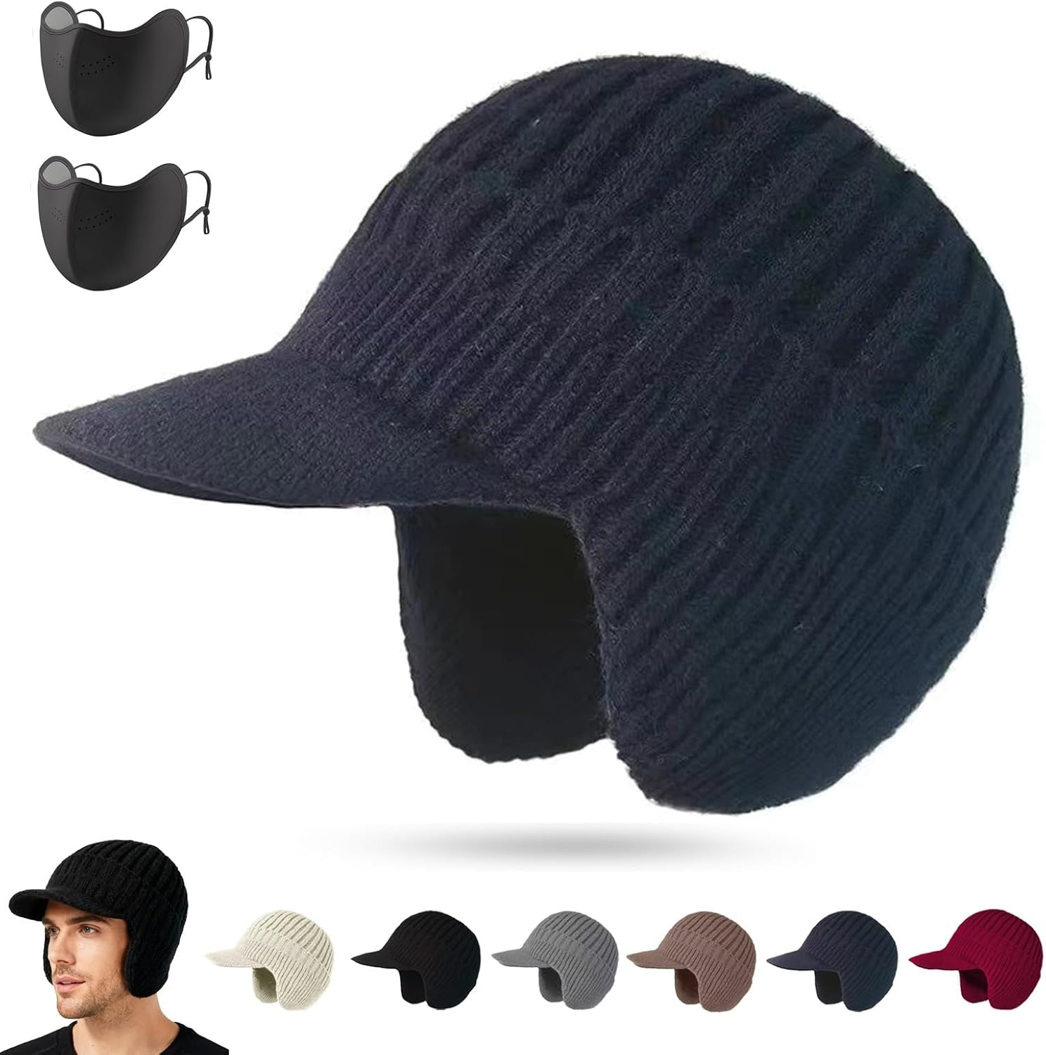 LAPQEND Cozy Head Beanie, 2026 New Winter Beanies Hat with Brim Ear Flaps, Warm Fleece Lined Knit Hat Unisex - Black image number 6