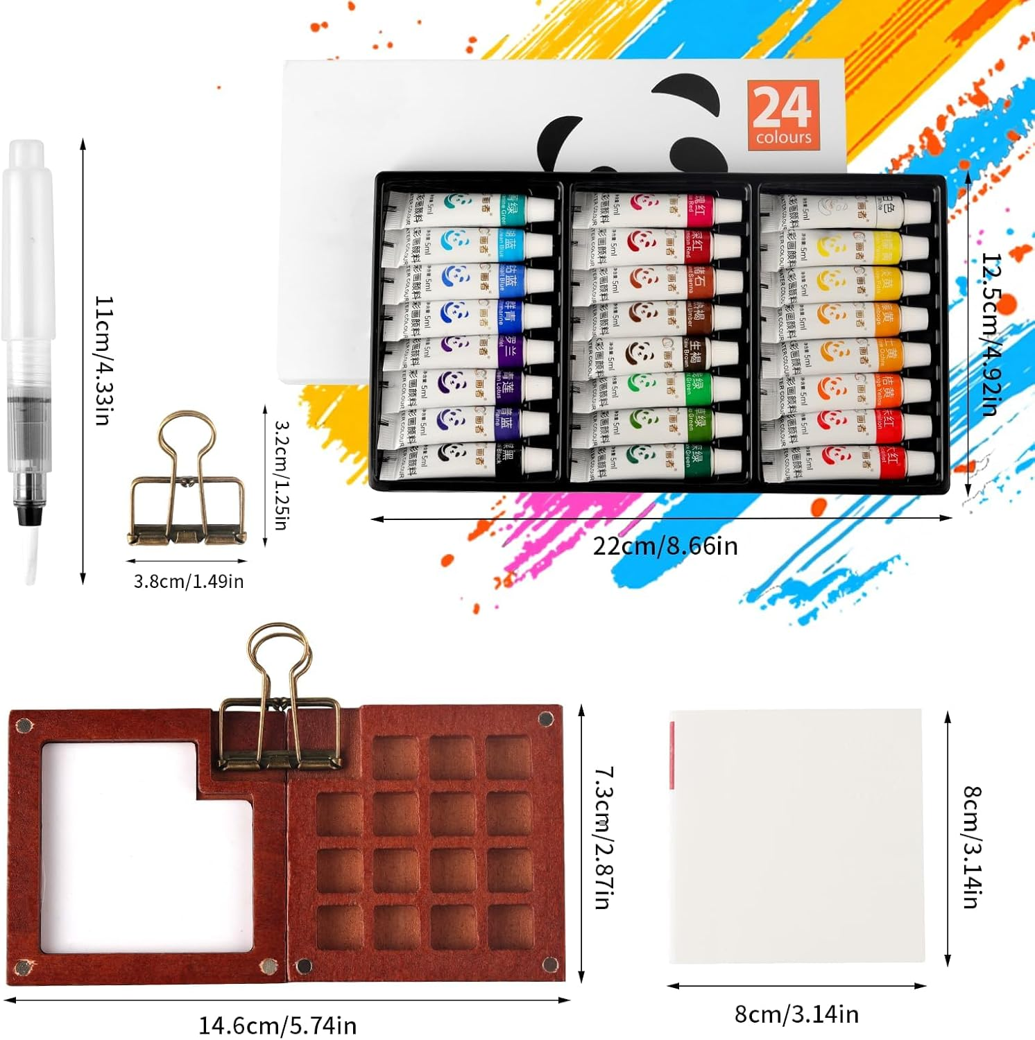 Eukyplace Mini Watercolour Kit &ndash; 24 Colors Mini Watercolour Travel Set with Wooden Gouache Paint Palette, Water Colour Paint Set with Brush & Paper &ndash; Portable Art Kit for Beginners & Artists image number 2