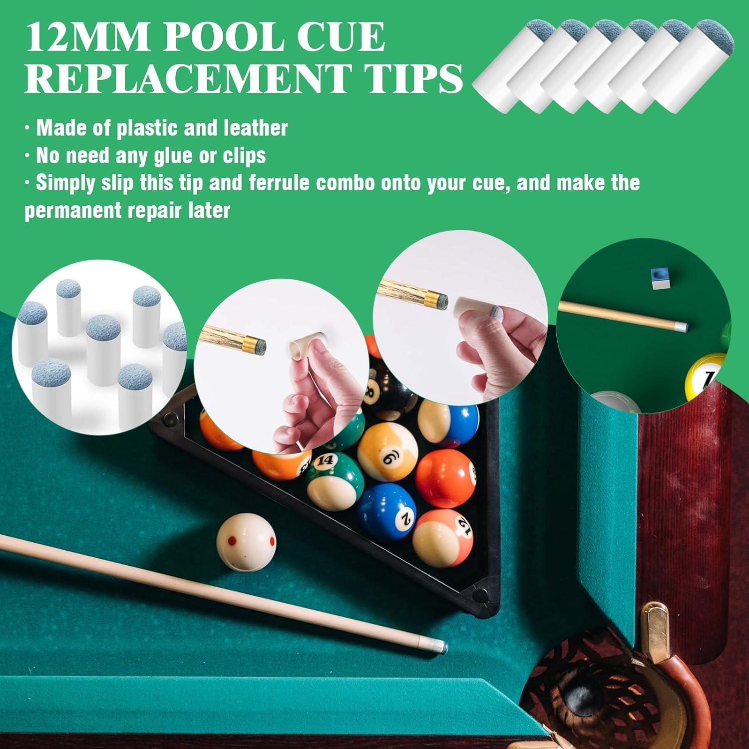 Yuahar 21Pcs Billiards Pool Table Cleaning Set W Wooden Pool Table Brush, 12Mm Slip-On Cue Replacement Tips, Sticky Lint Roller, Pool Cue Chalk Cubes and Rod Tip Sharpener for Game and Competition image number 3
