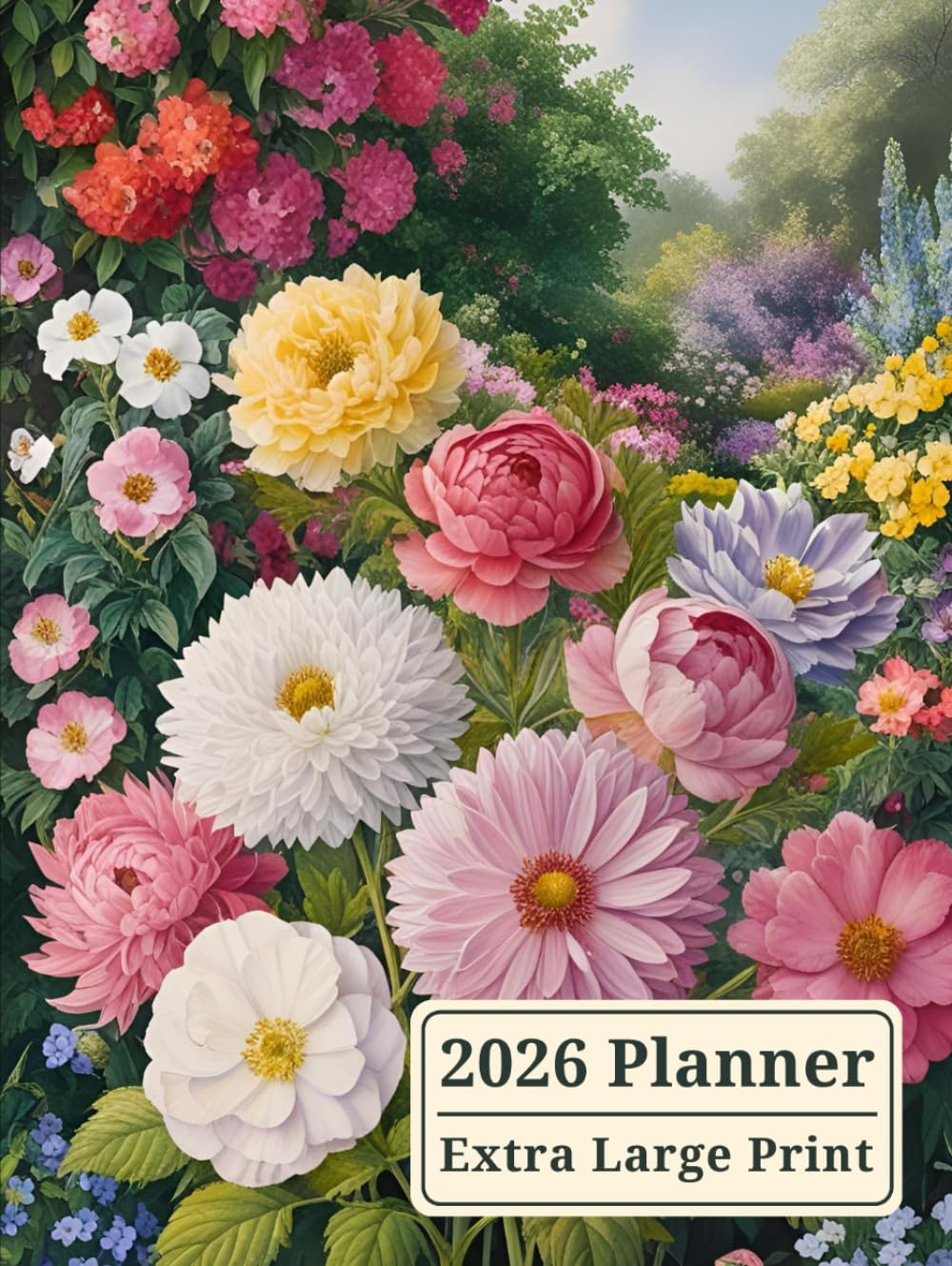 2026 Planner Extra Large Print: Monthly Calendar with UK Holidays and Weekly Organizer for Women with Impaired Vision, Floral Cover image number 1