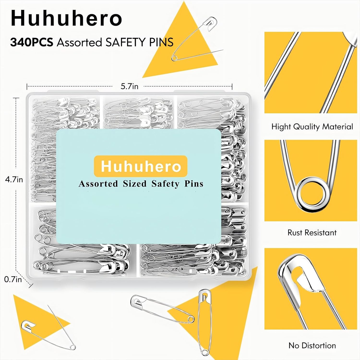 Huhuhero 340 Pack Safety Pins Assorted, Small and Large Safety Pins for Clothes Costume, 5 Different Sizes Nickel Plated Steel Pin Bulk, Sewing Crafts Art Supplies, Silver image number 3