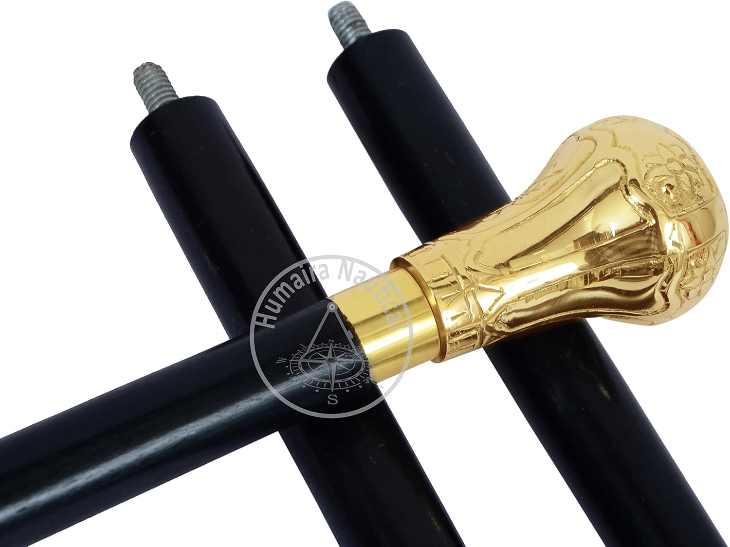 Humaira Nautical Handmade Brass Knob Walking Stick, Wooden Cane with Black Finish Gold Handle 37 Inch Cane for Men and Women image number 5