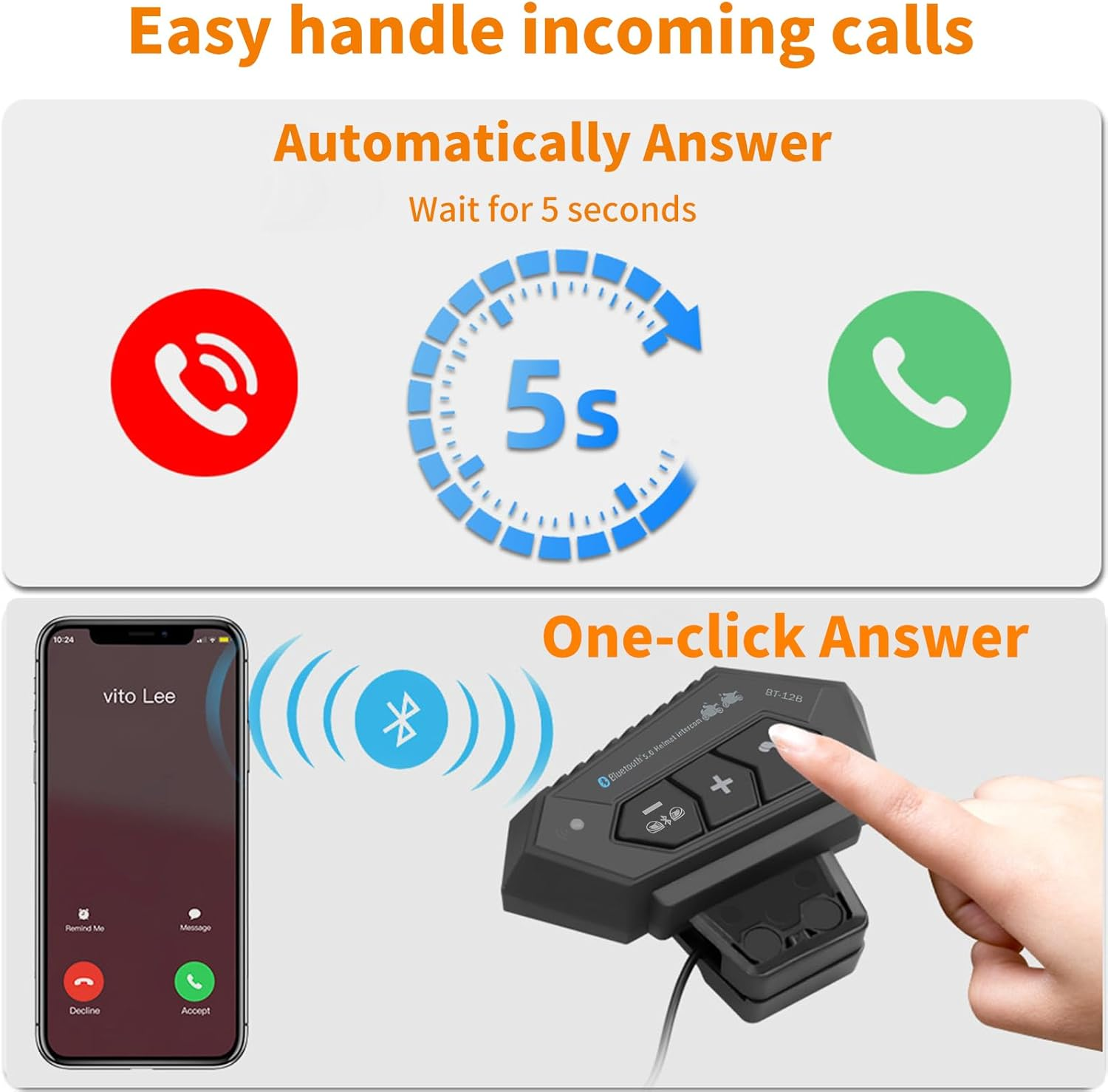 VOBOR Motorcycle Helmet Headset, BT12B 5.0 Helmet Headphones Bluetooth, 150 M Wireless Hands-Free Phone Mic Motorcycle Intercom Headset He-Lm, Hi-Fi Moped Accessories (2000 Mah) image number 6