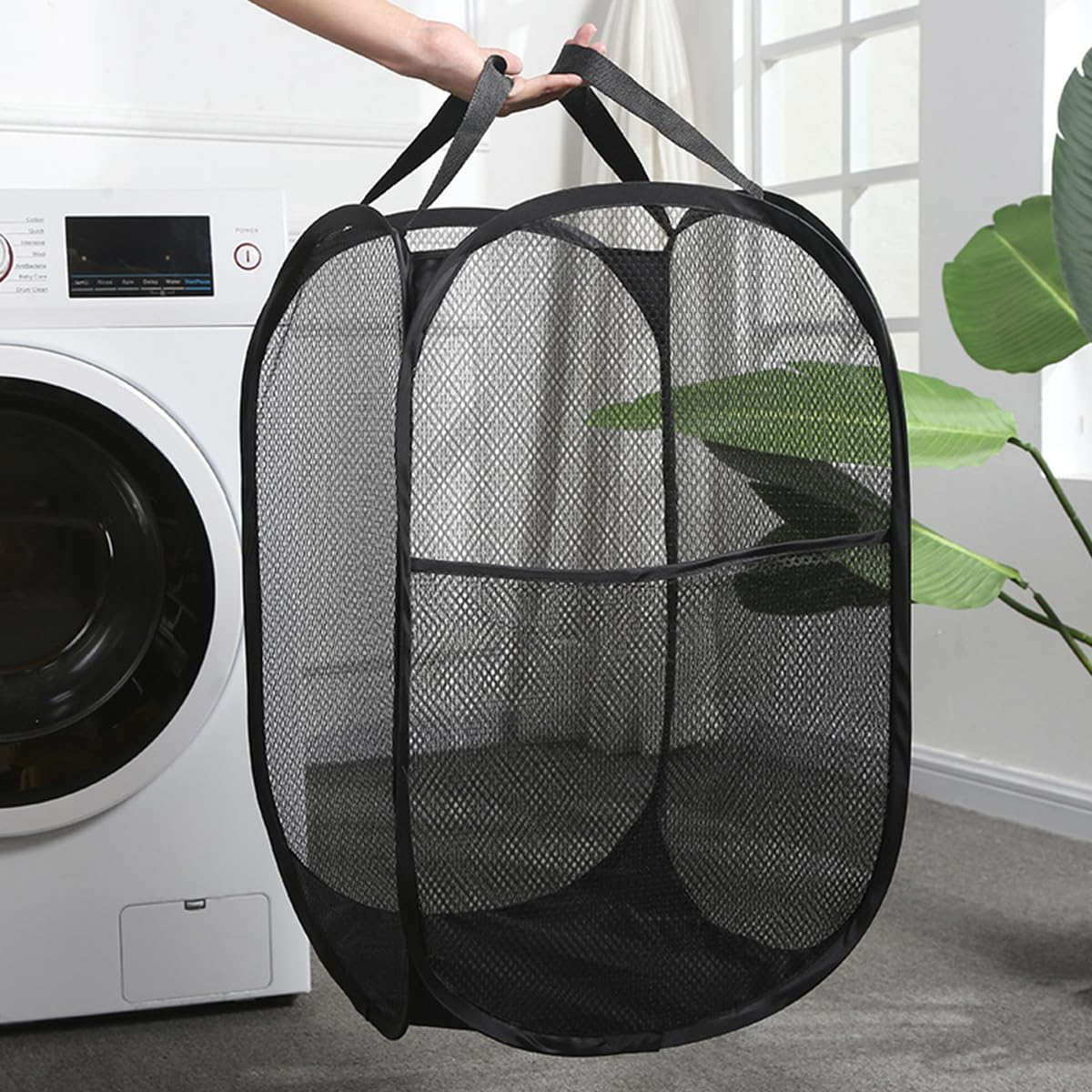 NUZAMAS Mesh Pop up Laundry Hamper Basket Foldable Large Laundry Hamper with Side Pocket Dirty Clothes Basket with Handles for Bathroom Bedroom College Dorm Black image number 6
