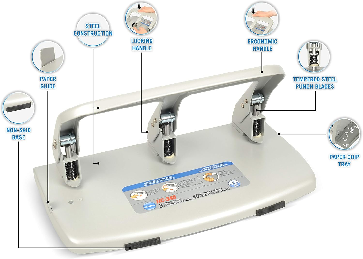CARL, Medium-Duty 3 Hole Paper Punch, 40 Sheet Punch Capacity, Metallic, Model:Hc-340 image number 3