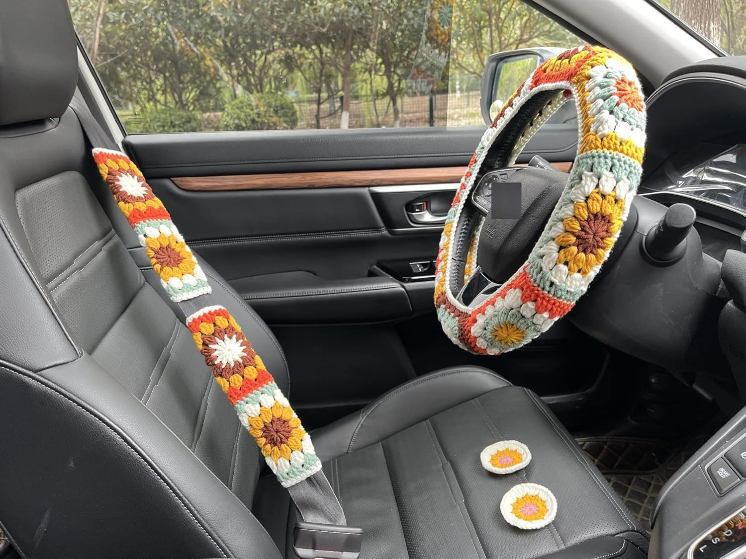 Steering Wheel Cover,Handmade Crochet Rainbow Sunflower Granny Square Steering Wheel Covers (Wheel Covers+2Belt Covers+2Car Coasters+Strawberry)