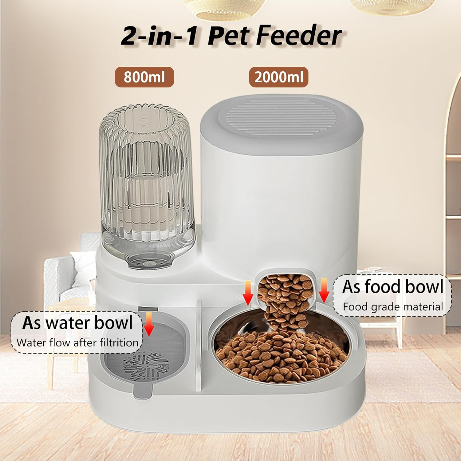 Gravity Cat Feeder and Water Dispenser, 2 in 1 Automatic Pet Waterer Detachable with Stainless Steel Pet Food Storage for Small Dog Puppy Cat Kitten Pet Easy Clean (Grey)