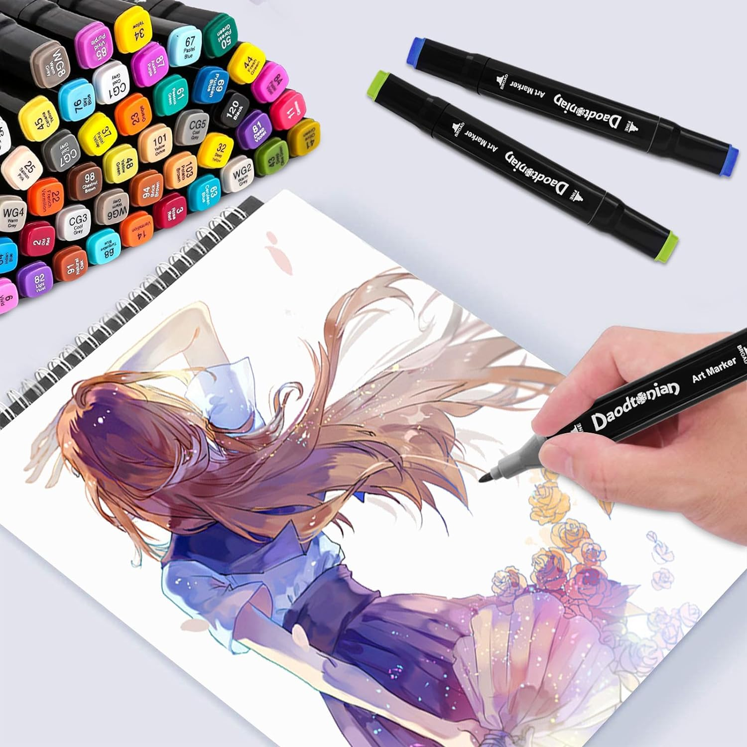 80 Colors Alcohol-Based Brush Drawing Markers, PIOGHAX Double Tipped Coloring Permanent Alcohol Art Markers with Case for Drawing, Sketching, Manga Comic Illustrations Cartoons image number 3