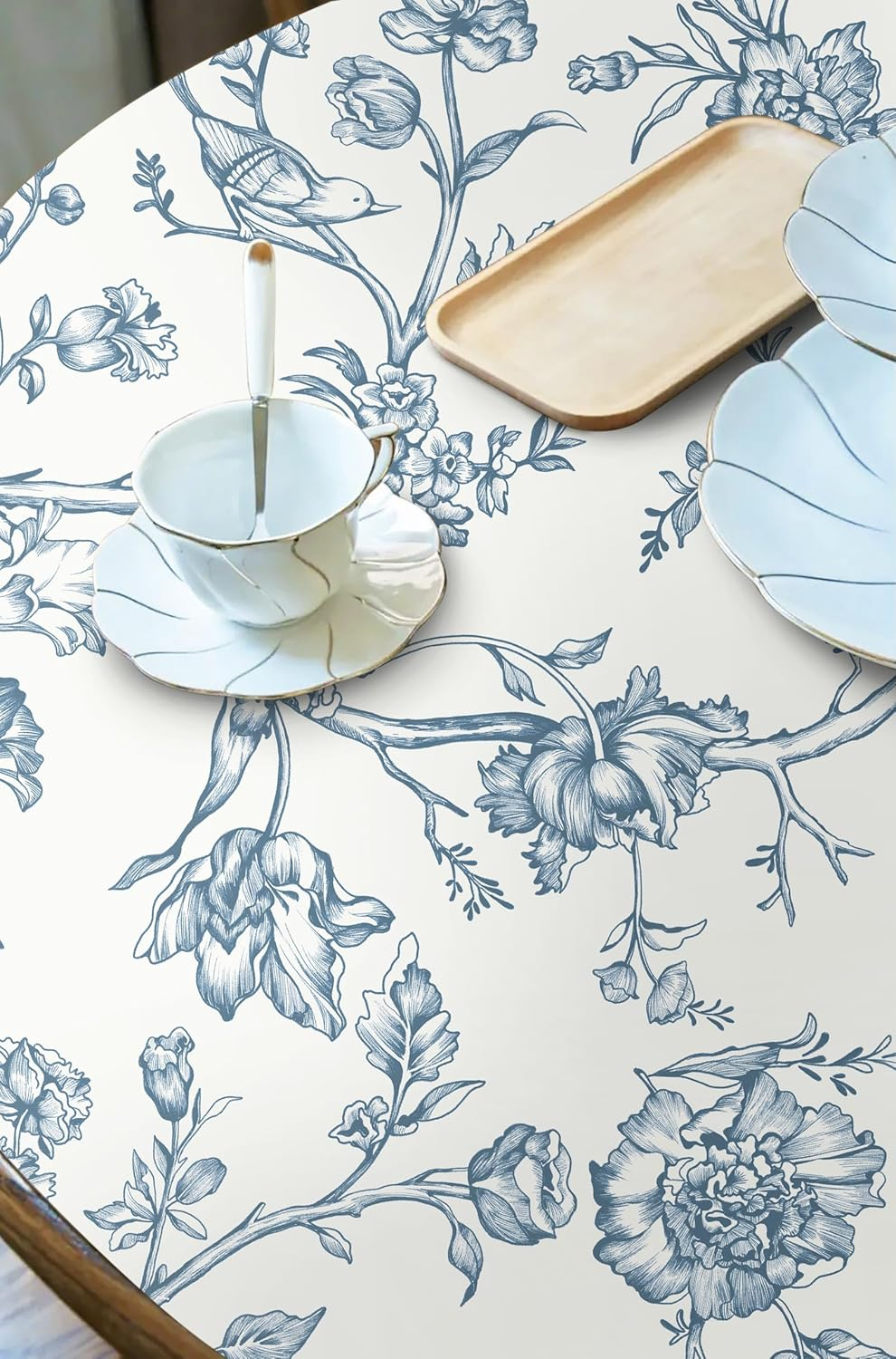 Safiyya Peel and Stick Wallpaper Floral Birds Contact Paper Blue White Wallpaper Peel and Stick Removable Wallpaper Boho Wallpaper Flower Contact Paper for Cabinets Vinyl Rolls 118"X17.3" image number 2