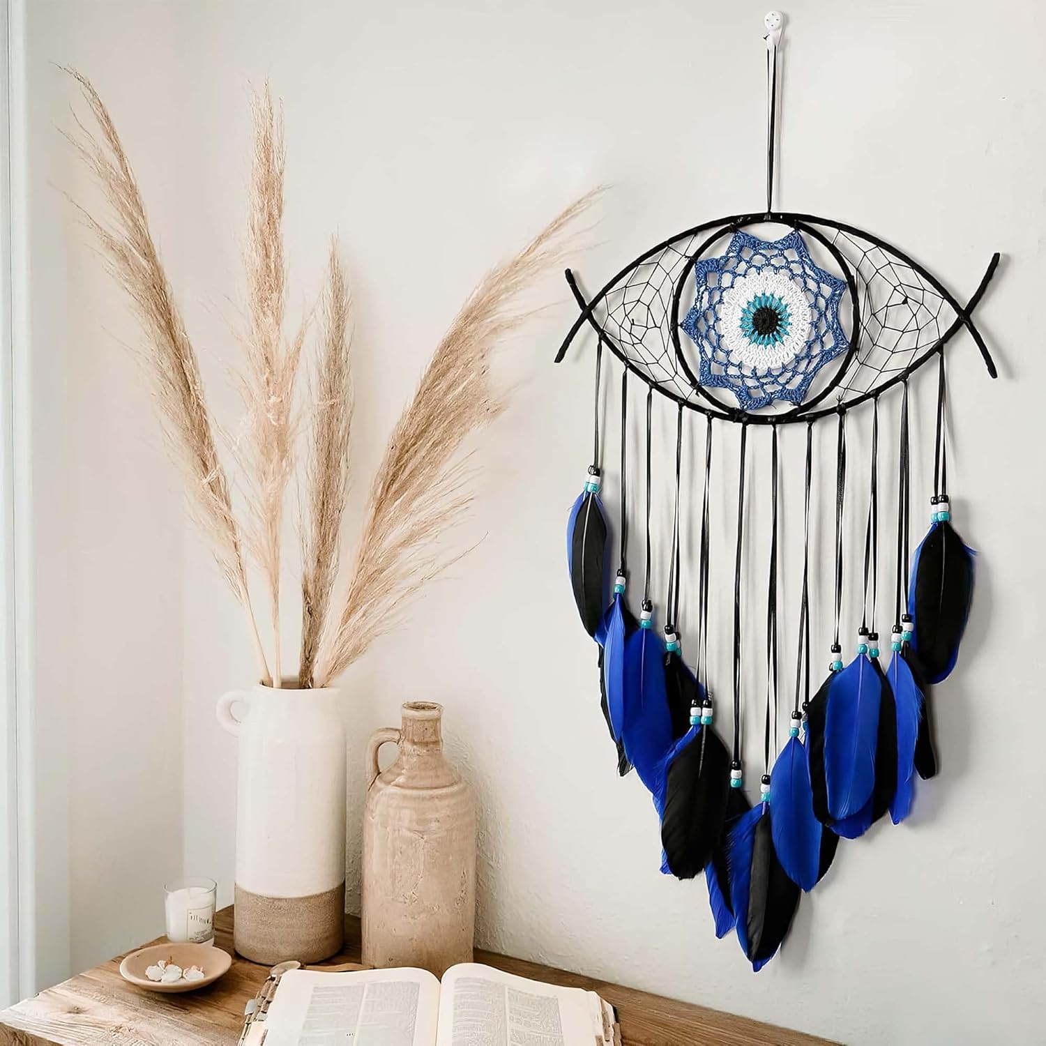 Evil Eye Dream Catcher - Handmade Feather Wall Hanging Decor for Protection, Good Luck & Home Blessing image number 1