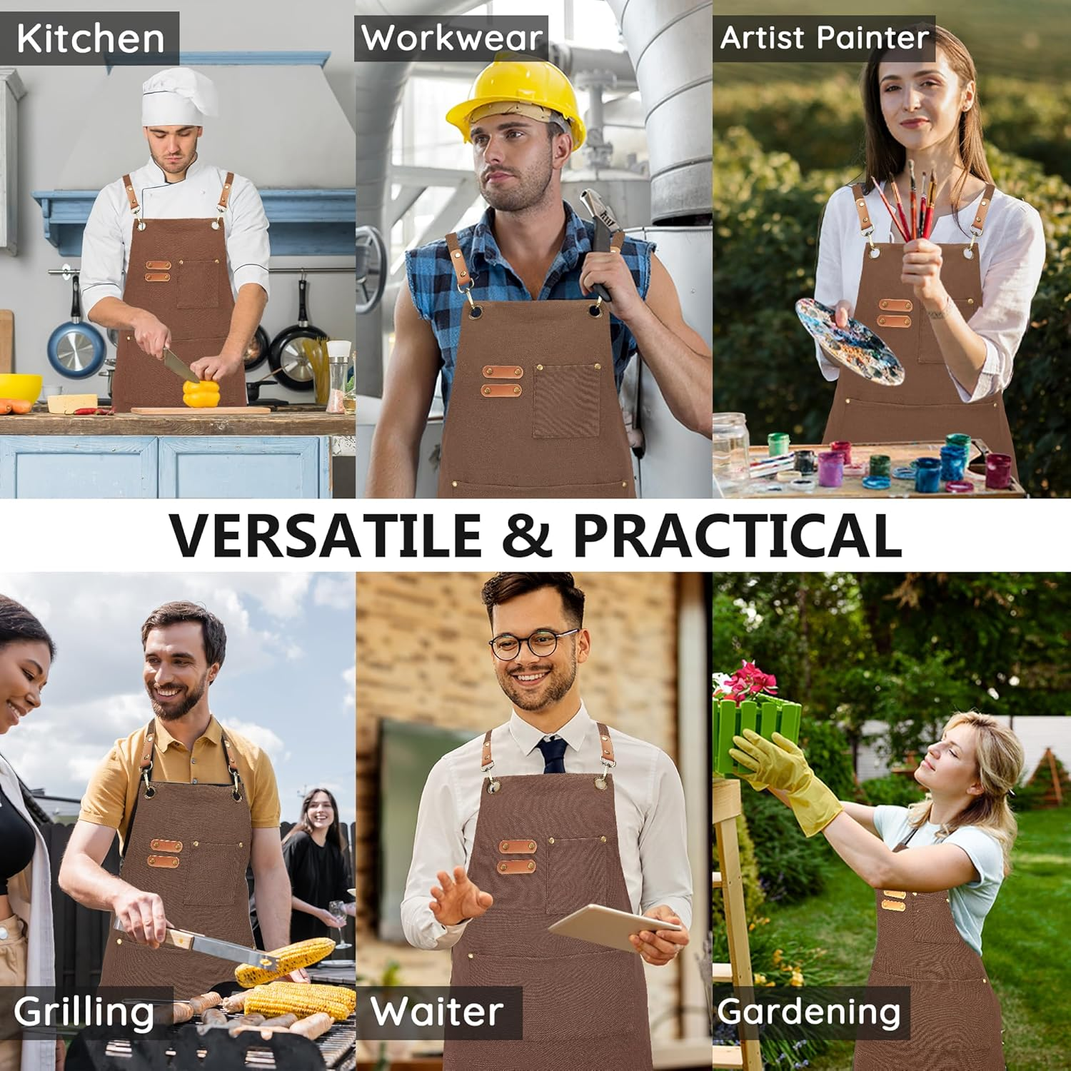 Canvas Aprons, Work Aprons for Men Women, Adjustable Chef Aprons with 3 Pockets, Apron for Servers Kitchen Artist Painting image number 2