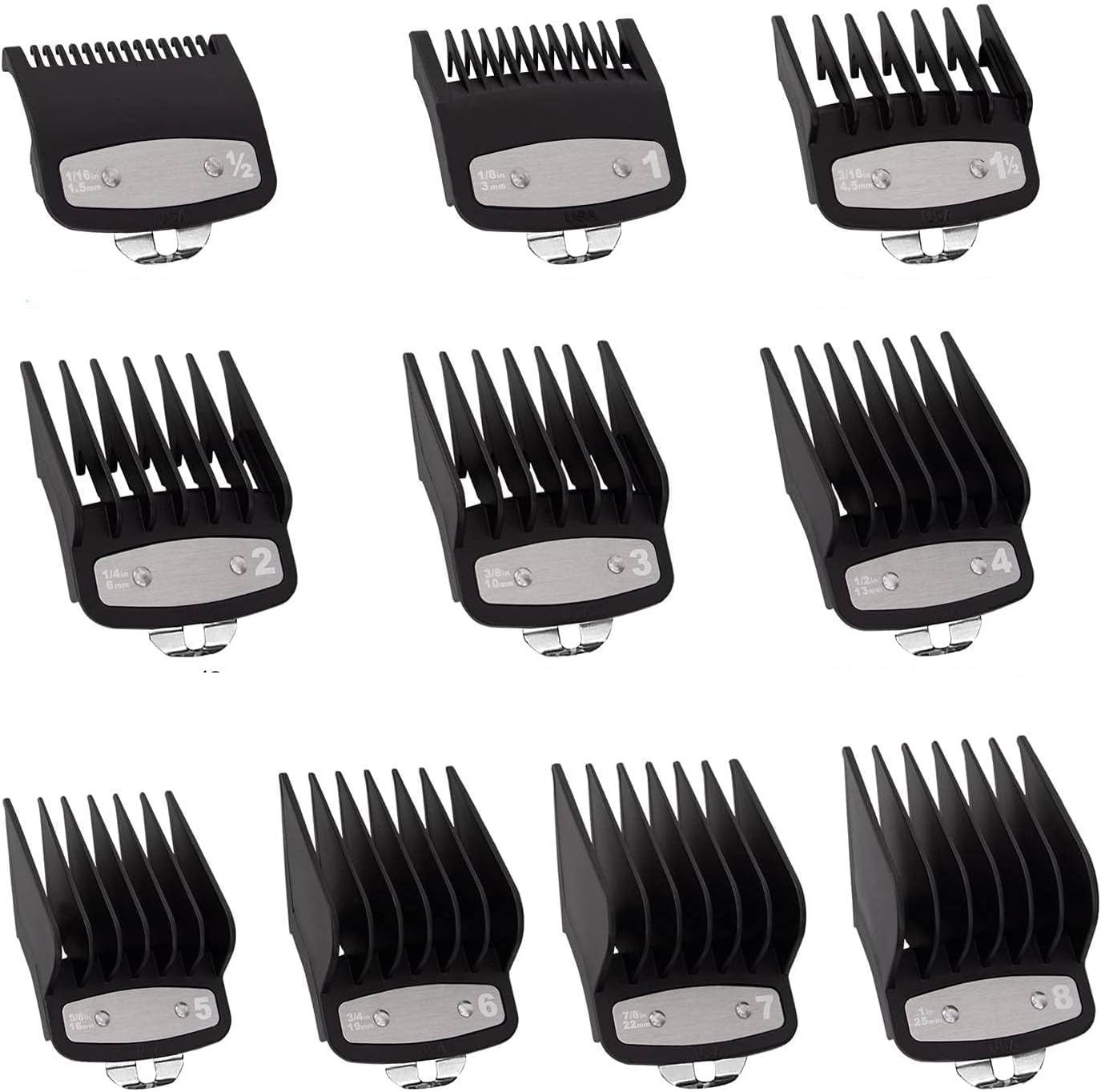 AIDERLY Hair Clipper Combs Guards, 10 Pack Clip Guards, Compatible with Wahl Metal Clip1.5-25Mm Sizes, Black image number 2