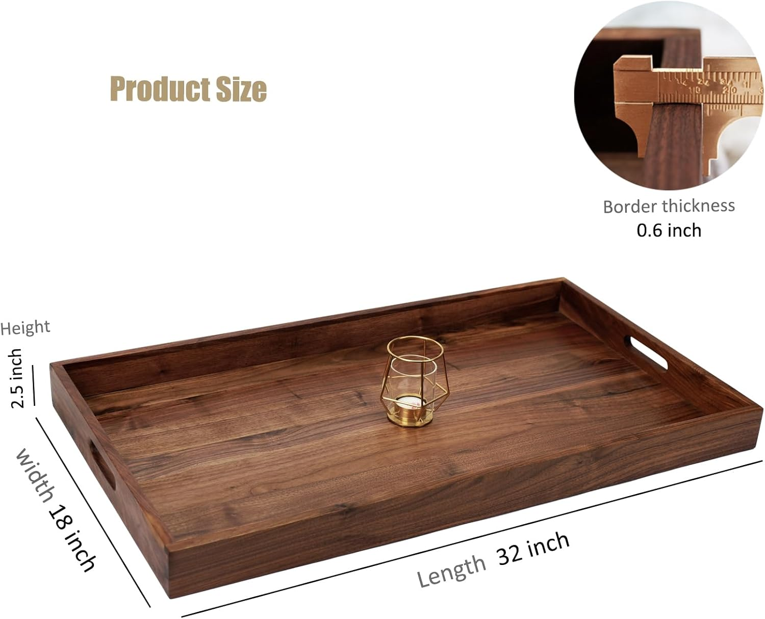 MAGIGO 32 X 18 Inches Extra Large Rectangle Black Walnut Wood Ottoman Tray with Handles, Serve Tea, Coffee Classic Wooden Decorative Serving Tray image number 2