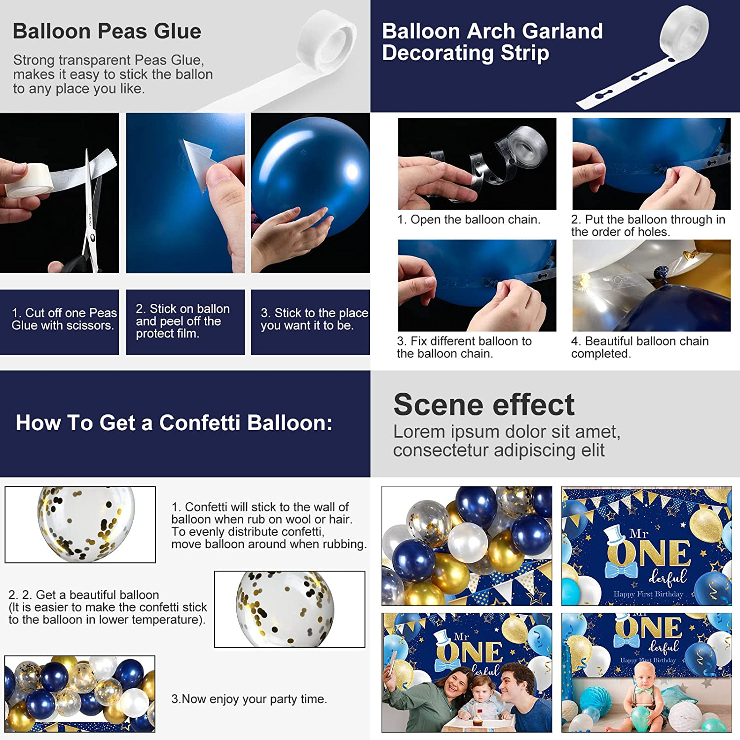 Mr. Onederful 1St Birthday Decoration Party Supplies - Happy Birthday Backdrop Photography Background with Balloons for Baby Toddler Little Man First Decor (Blue and Gold)