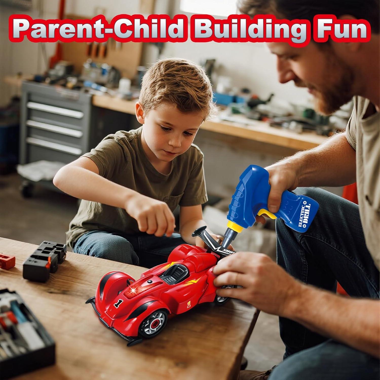 Pup Go F1 Construction Toy Racing Car - 24 Pieces with Realistic Sounds & Lights - 2 in 1 Easy Build Your Own Racing Car Kit with Electric Drill Tool - Take Apart Toys Gifts for 3+ Years Old Boys Kids