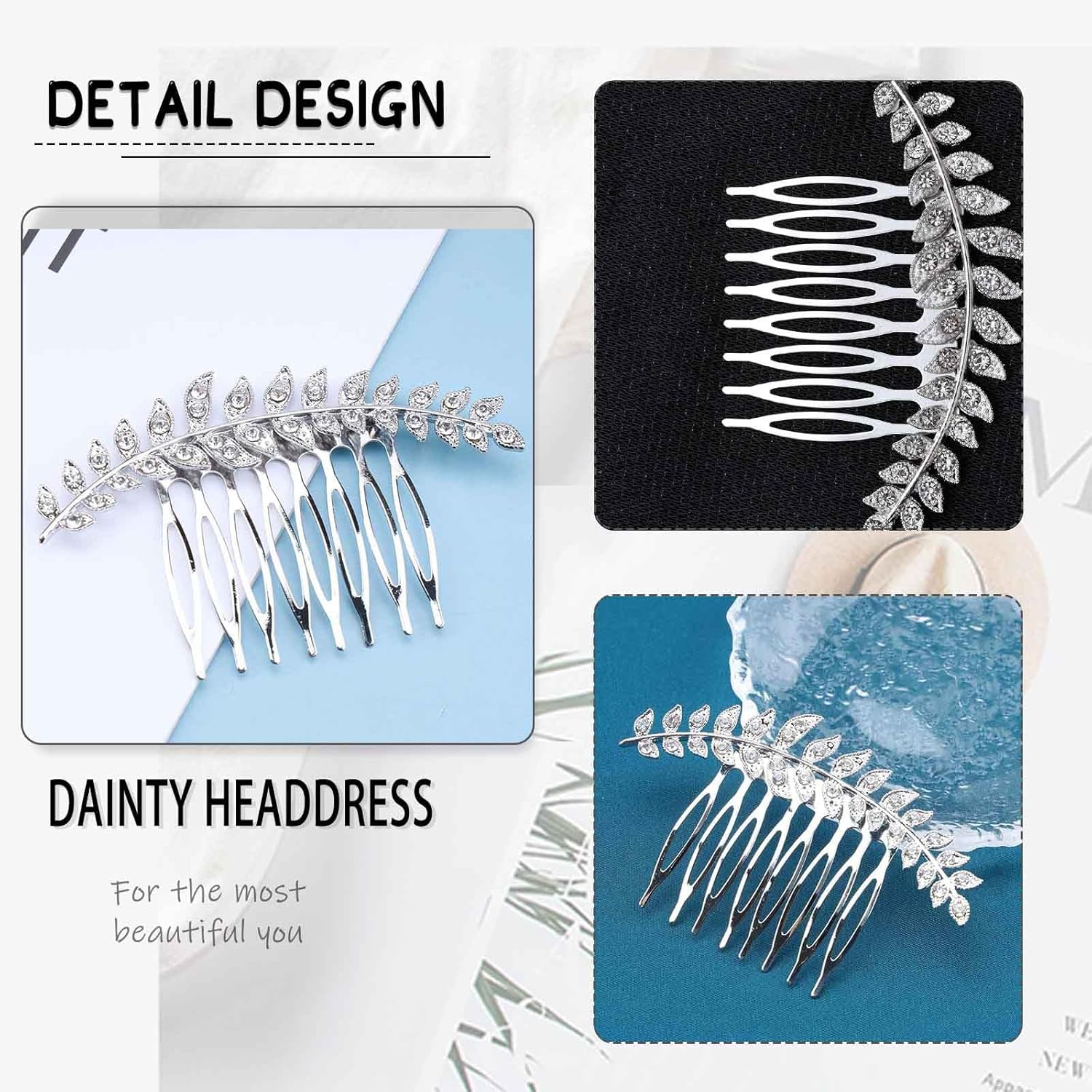 Enautoabs Vintage Silver Leaf Wedding Hair Comb Crystal Leaf Side Comb Large Metal Leaves Hairpiece Bridal Headwear Decorative Accessories for Women Headpiece image number 4