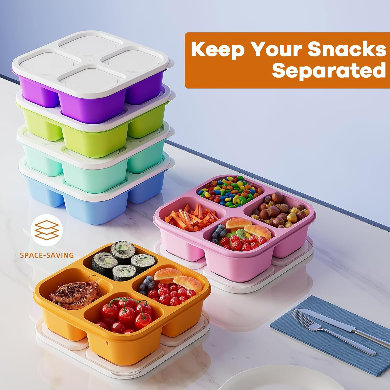 6 Pack Snack Containers, Reusable 4 Compartment Bento Lunch Boxes Food Storage Container with Lids, Divided Lunchable Container, Freezer, Microwave & Dishwasher Safe image number 6